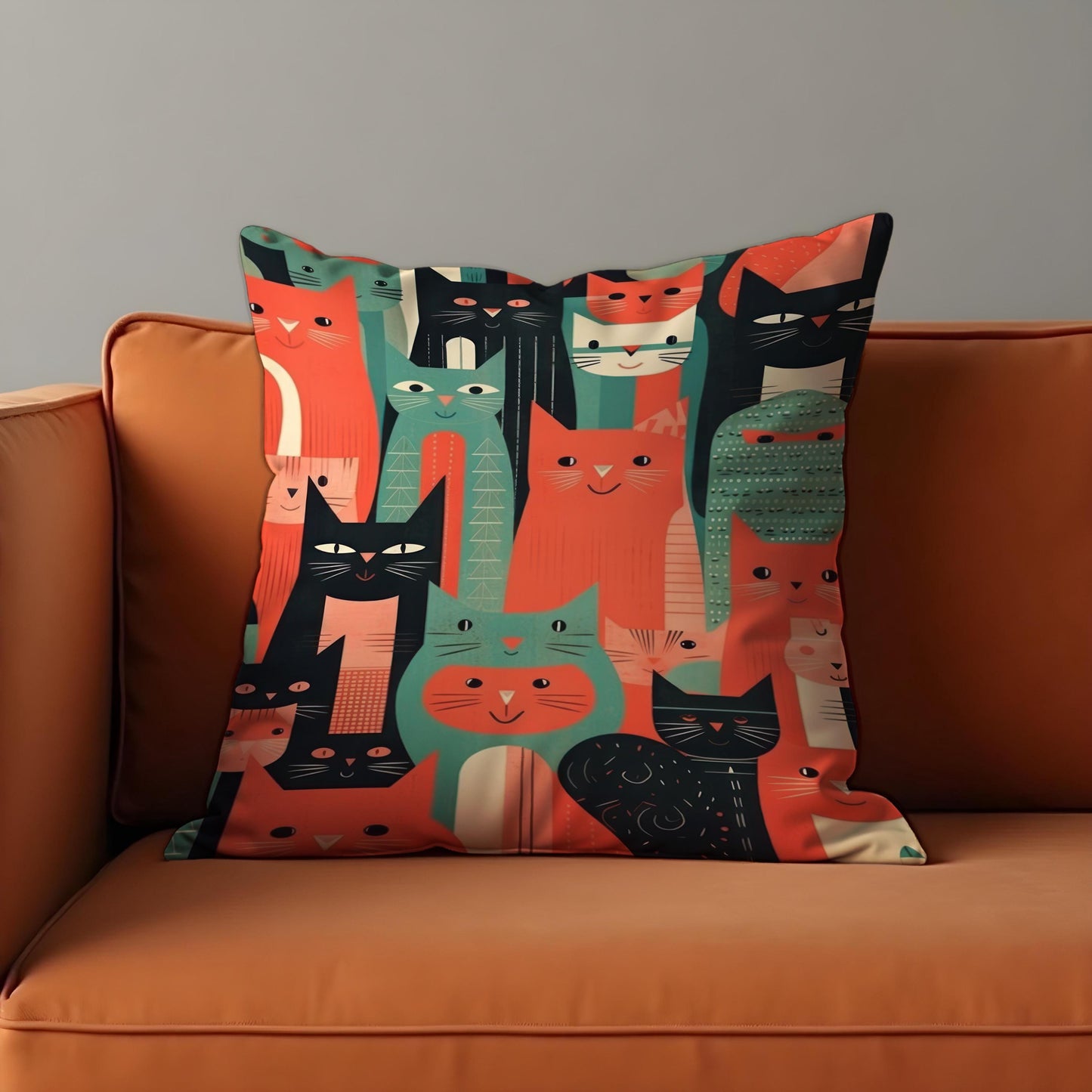 Colorful Cat Illustration Cushion Cover, Modern Retro Throw Pillow Cover