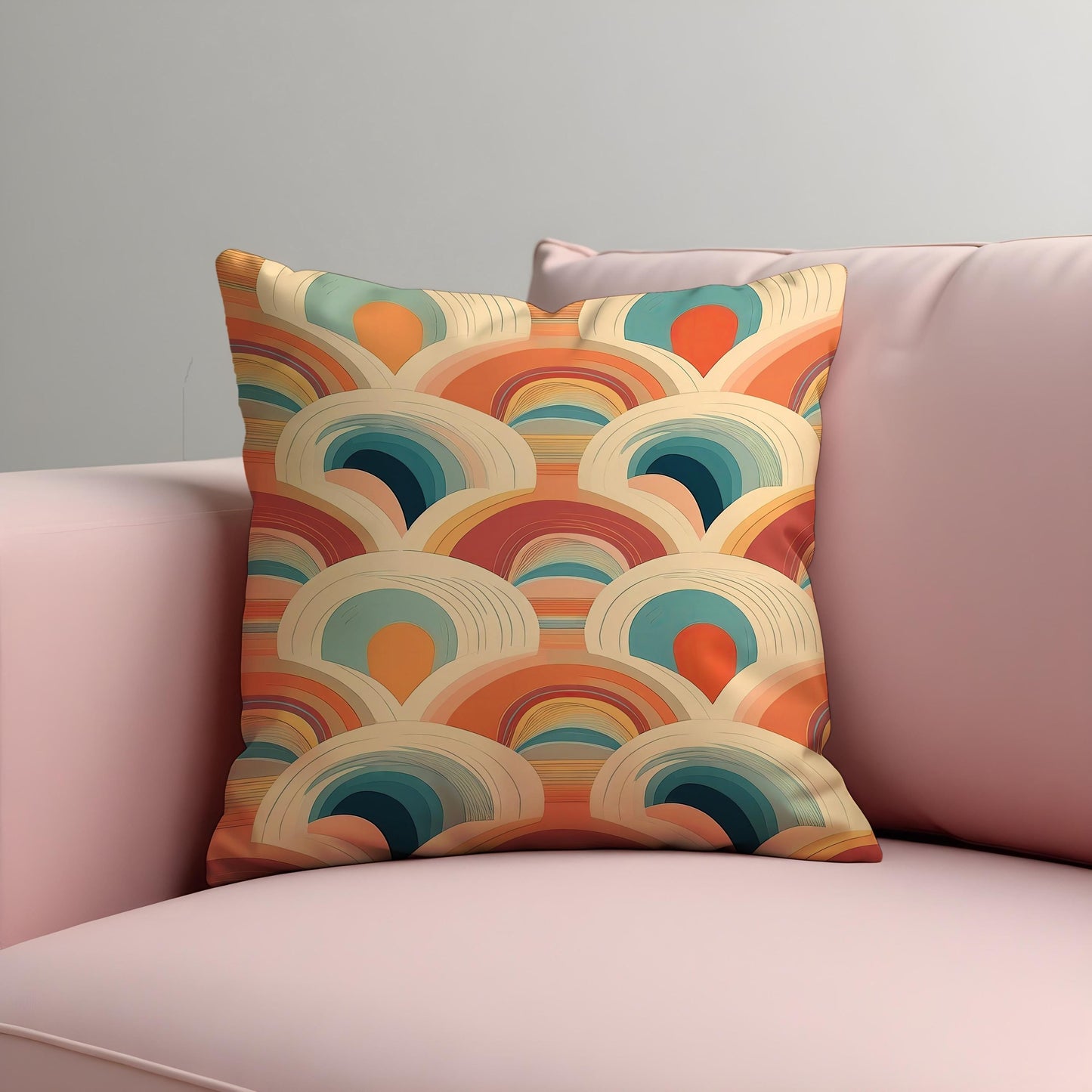 Retro Rainbow Cushion Cover, Coral Abstract Arcs Pillow Case