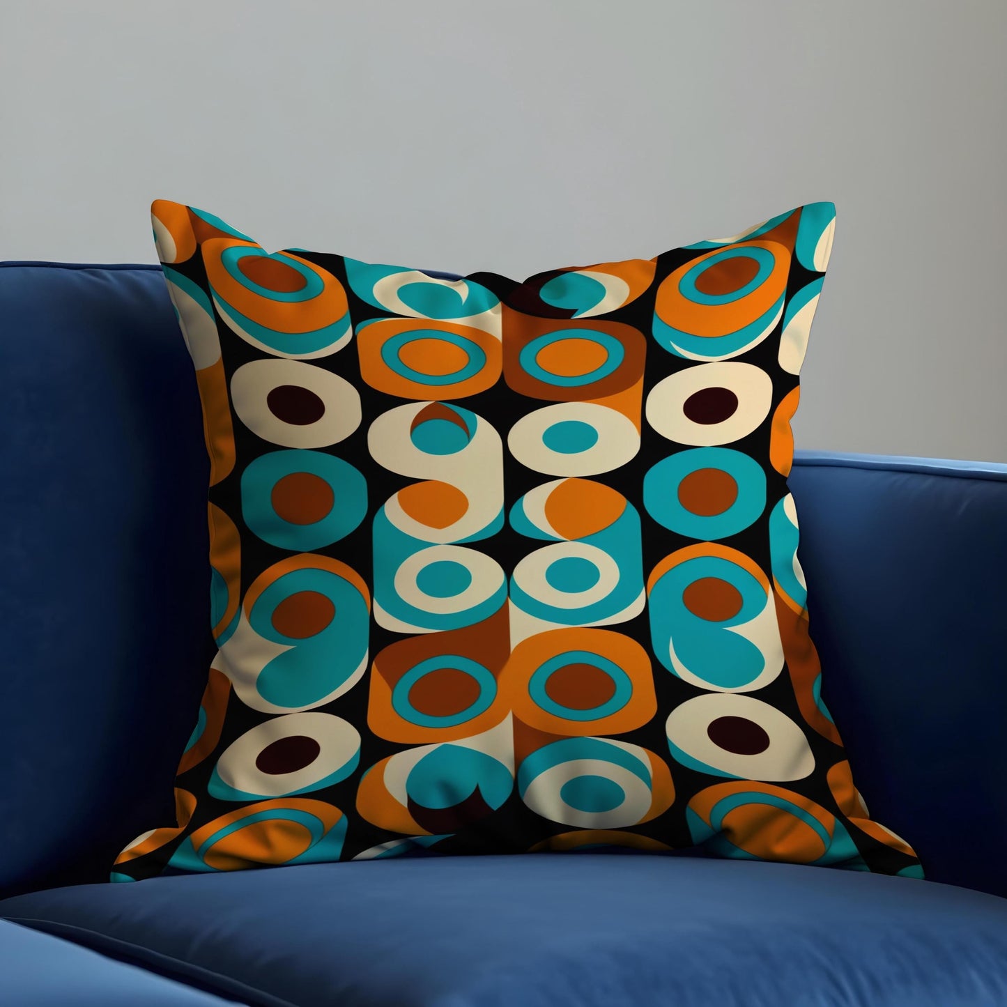 Retro Circle Pattern Cushion Cover, 70s Style Teal Throw Pillow Case