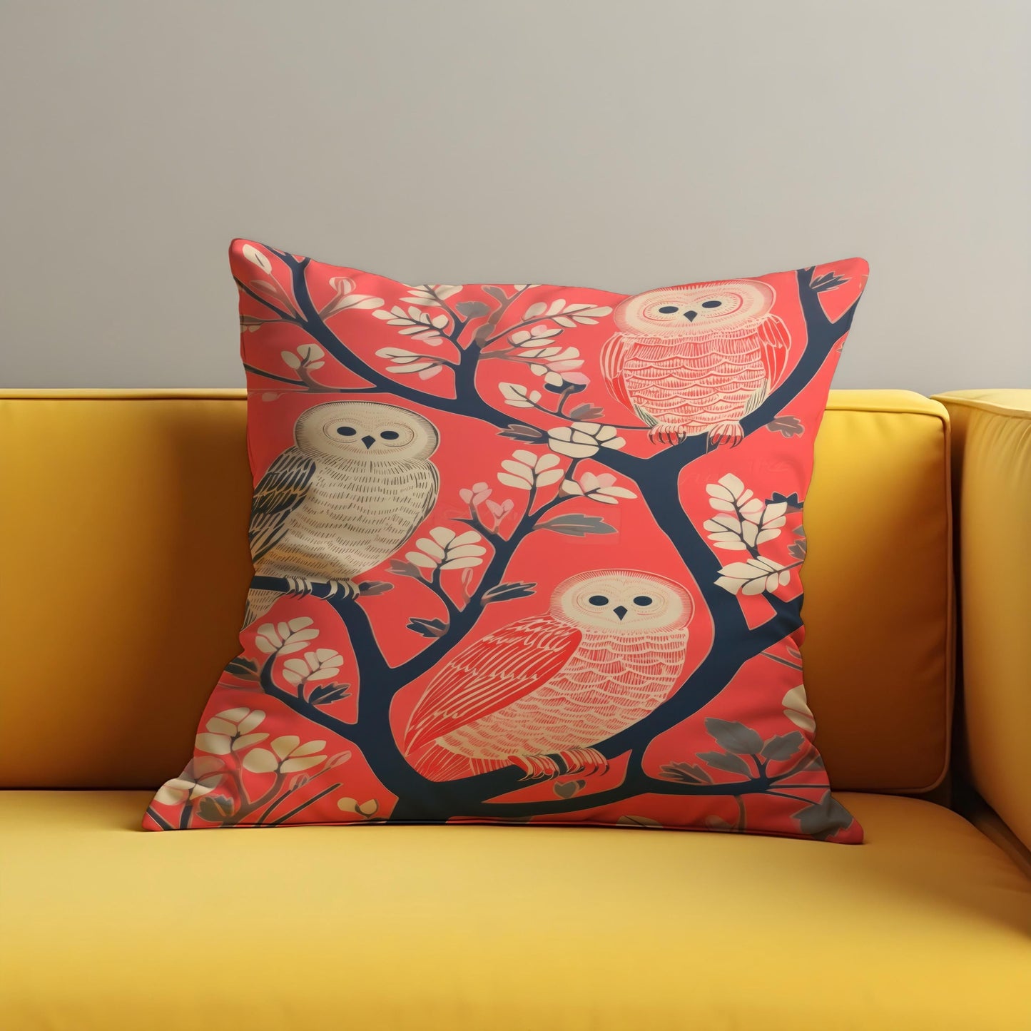 Whimsical Owl Cushion Cover, Birds on Tree Branch Throw Pillow Cover