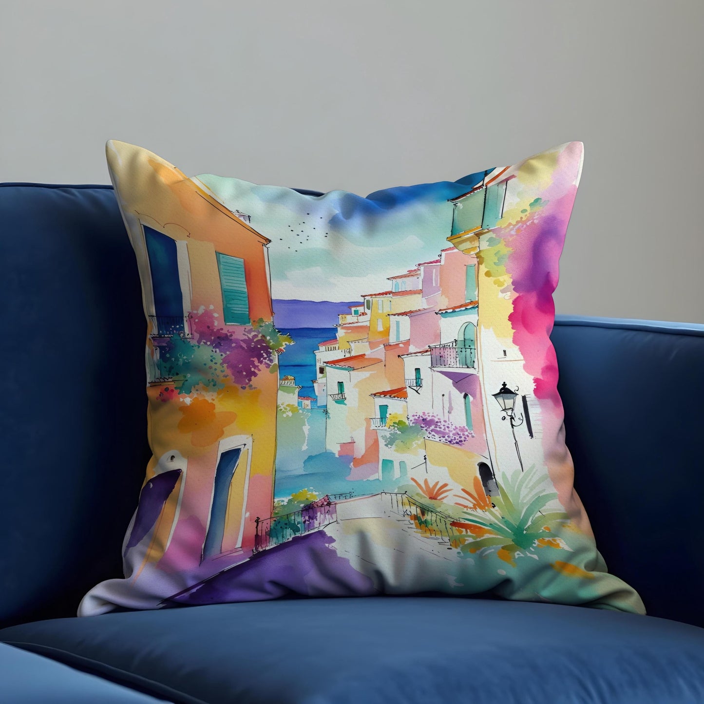 Coastal Town Cushion Cover, Mediterranean Street View Pillow Case