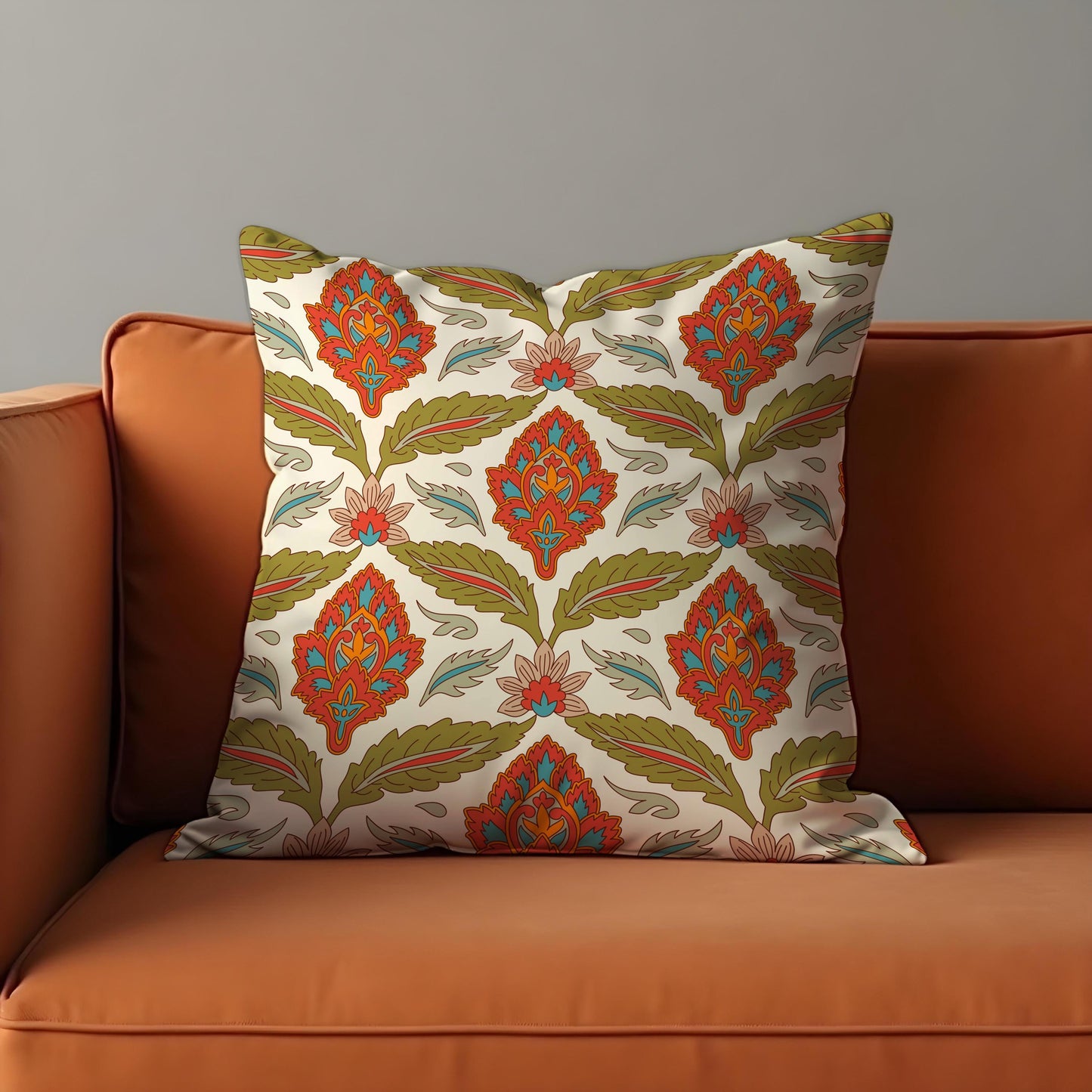 Boho Floral Cushion Cover, Red & Olive Classic Pillow Cover