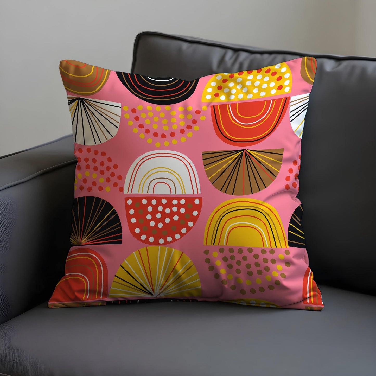 Bold Geometric Cushion Cover, Colorful Half Circles & Dots Pillow Cover