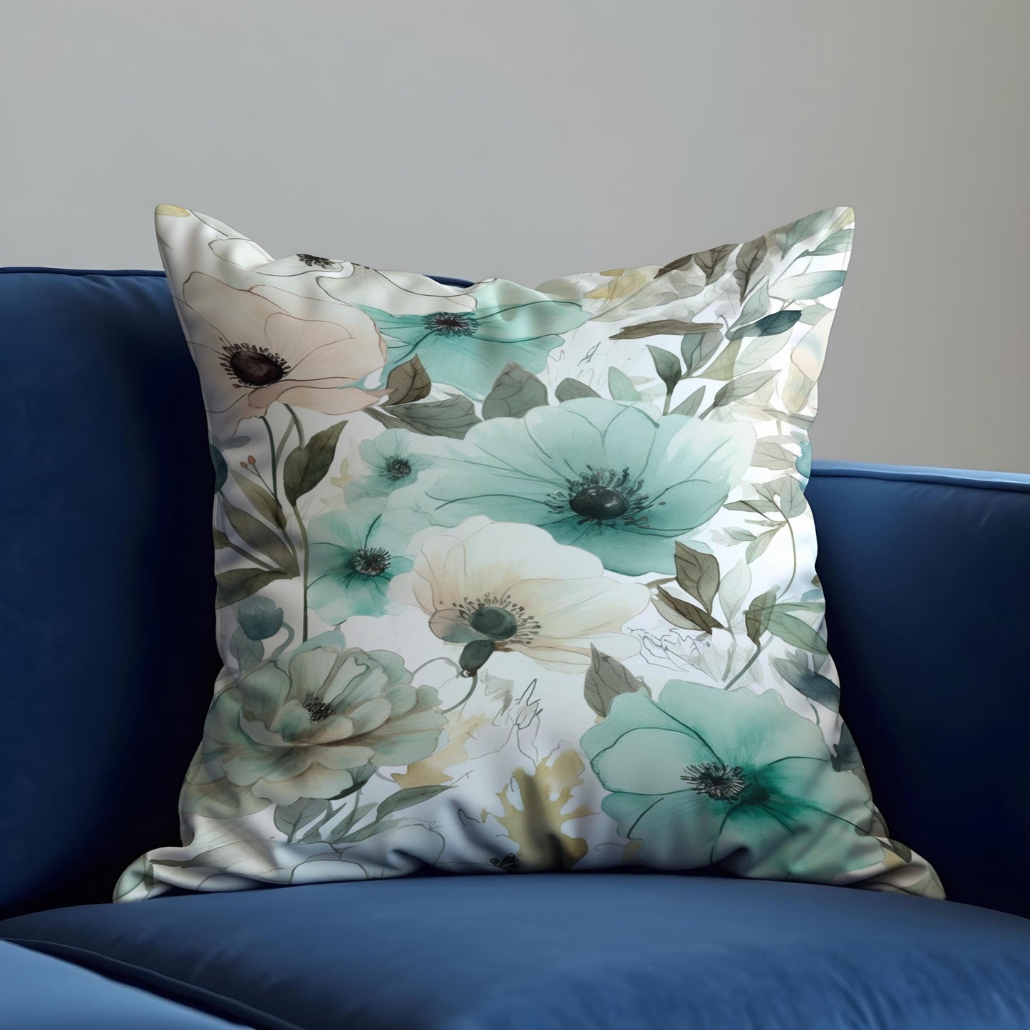 Aqua Floral Cushion Cover, Teal & Sage Watercolor Flowers Pillow Case
