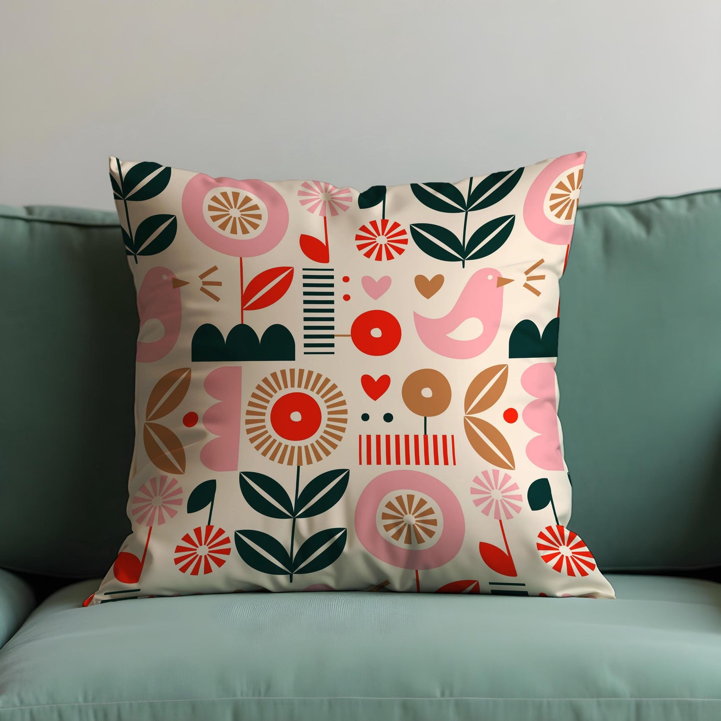 Scandi Folk Art Cushion Cover, Pink Bird & Floral Throw Pillow Cover