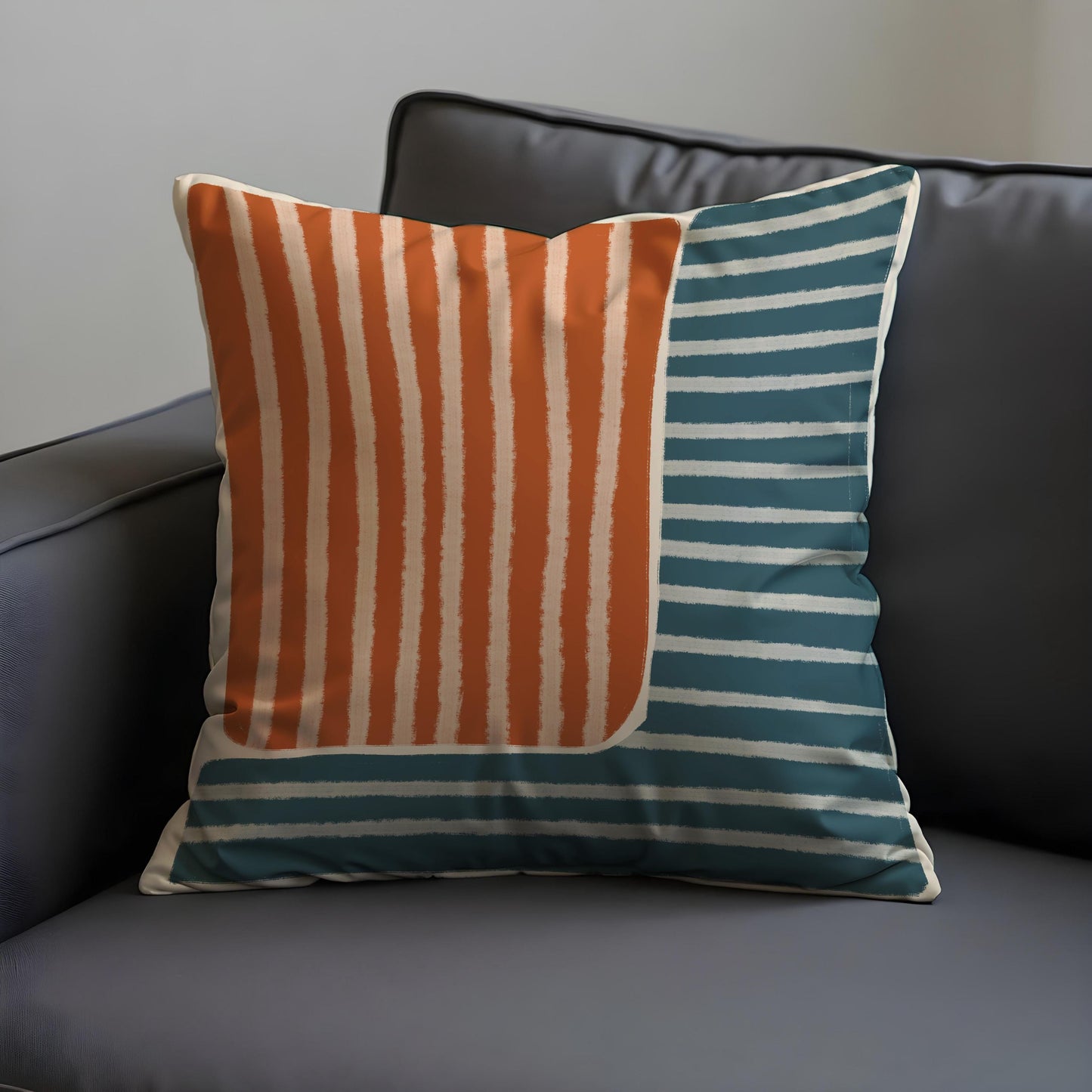 Mid Century Modern Striped Cushion Cover, Rust Orange & Teal Pillow Cover