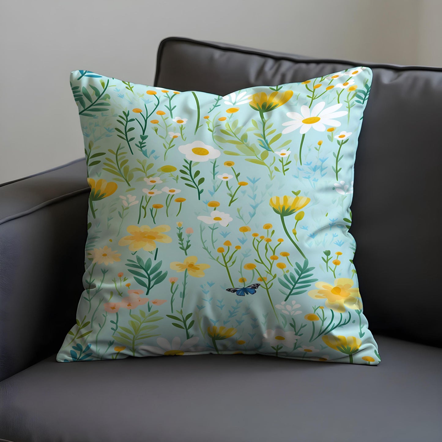 Floral Meadow Cushion Cover, Light Blue Throw Pillow Case