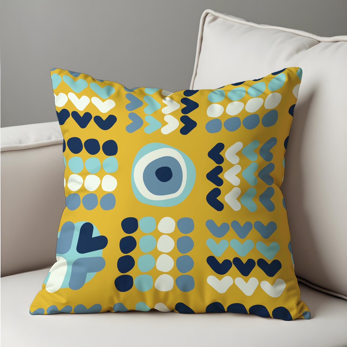 Modern Geometric Cushion Cover, Yellow Evil Eye Heart Pillow Cover