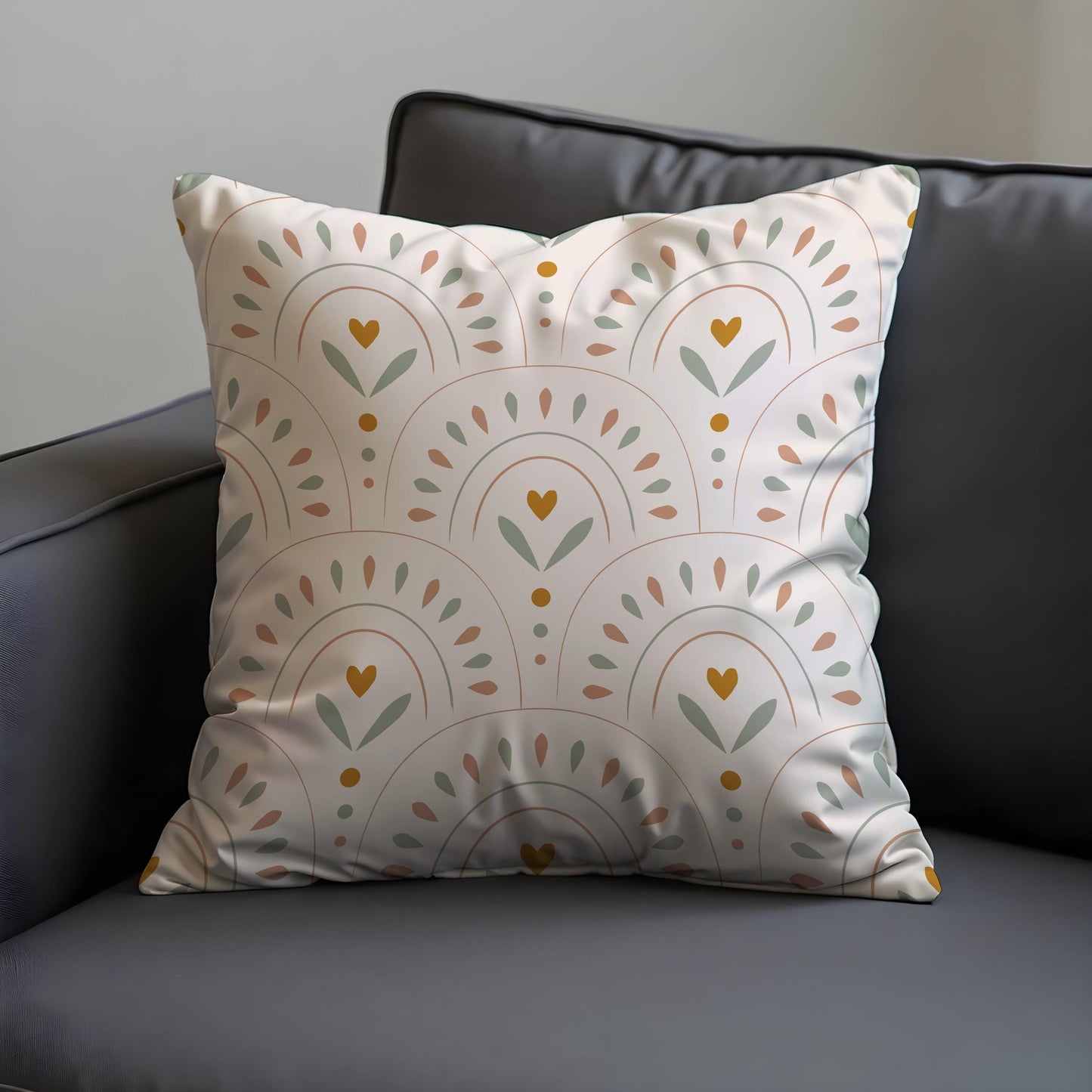 Boho Rainbow Cushion Cover, Arches with Heart & Leaf Motif Pillow Case