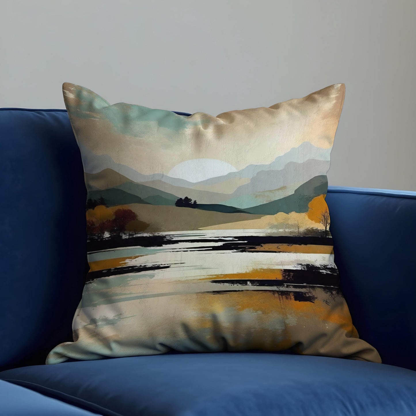 Serene Mountain Landscape Cushion Cover, Trees & Sunset Pillow Case