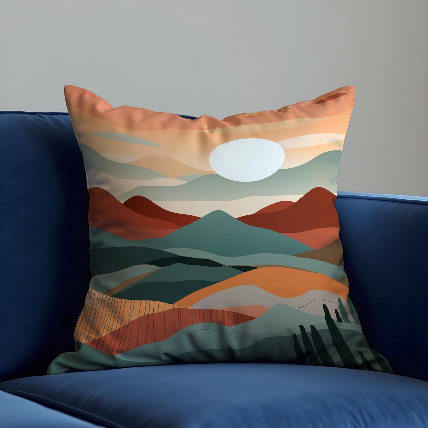Minimalist Landscape Cushion Cover, Earthy Sunset Scene Pillowcase