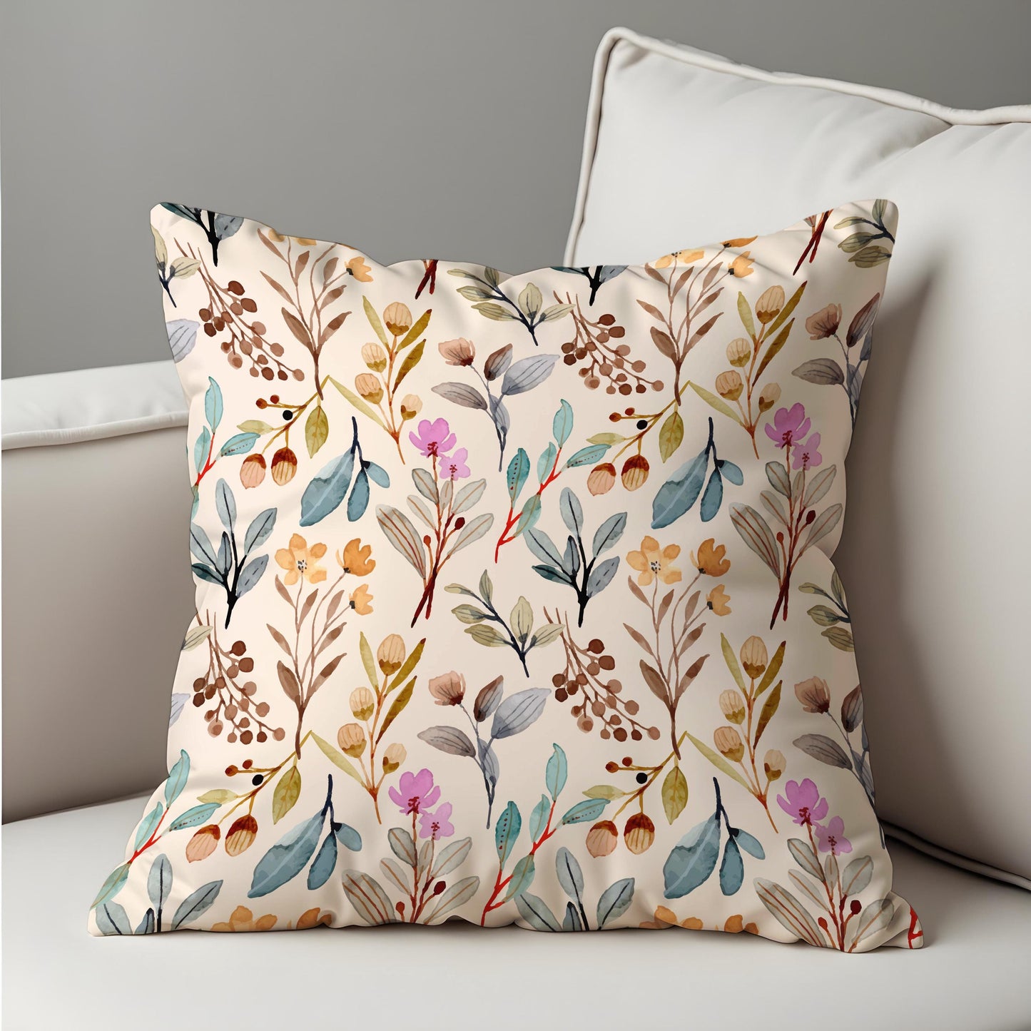 Watercolor Botanical Throw Cushion Cover, Soft Beige Pillow Case
