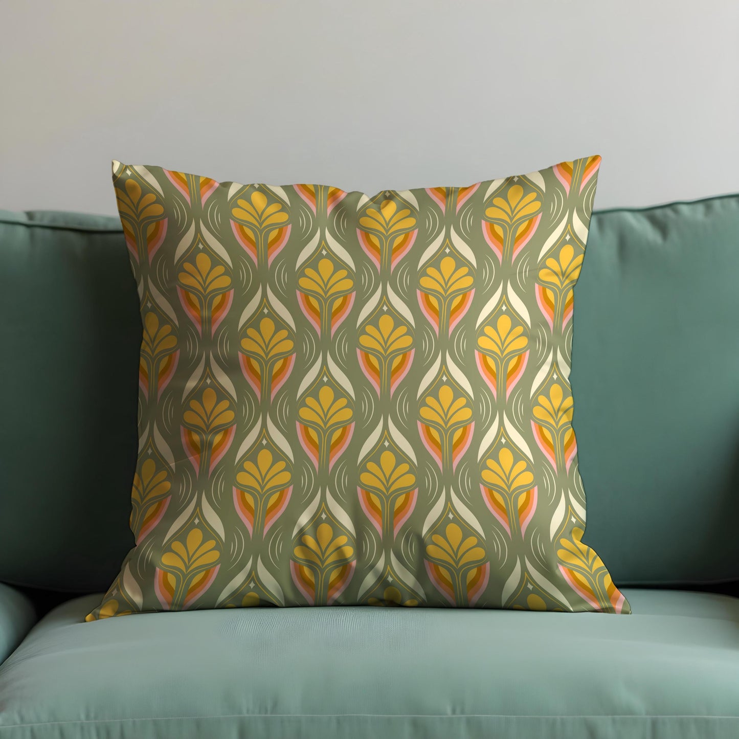 Retro Floral Cushion Cover, Olive & Mustard Art Nouveau Pillow Cover