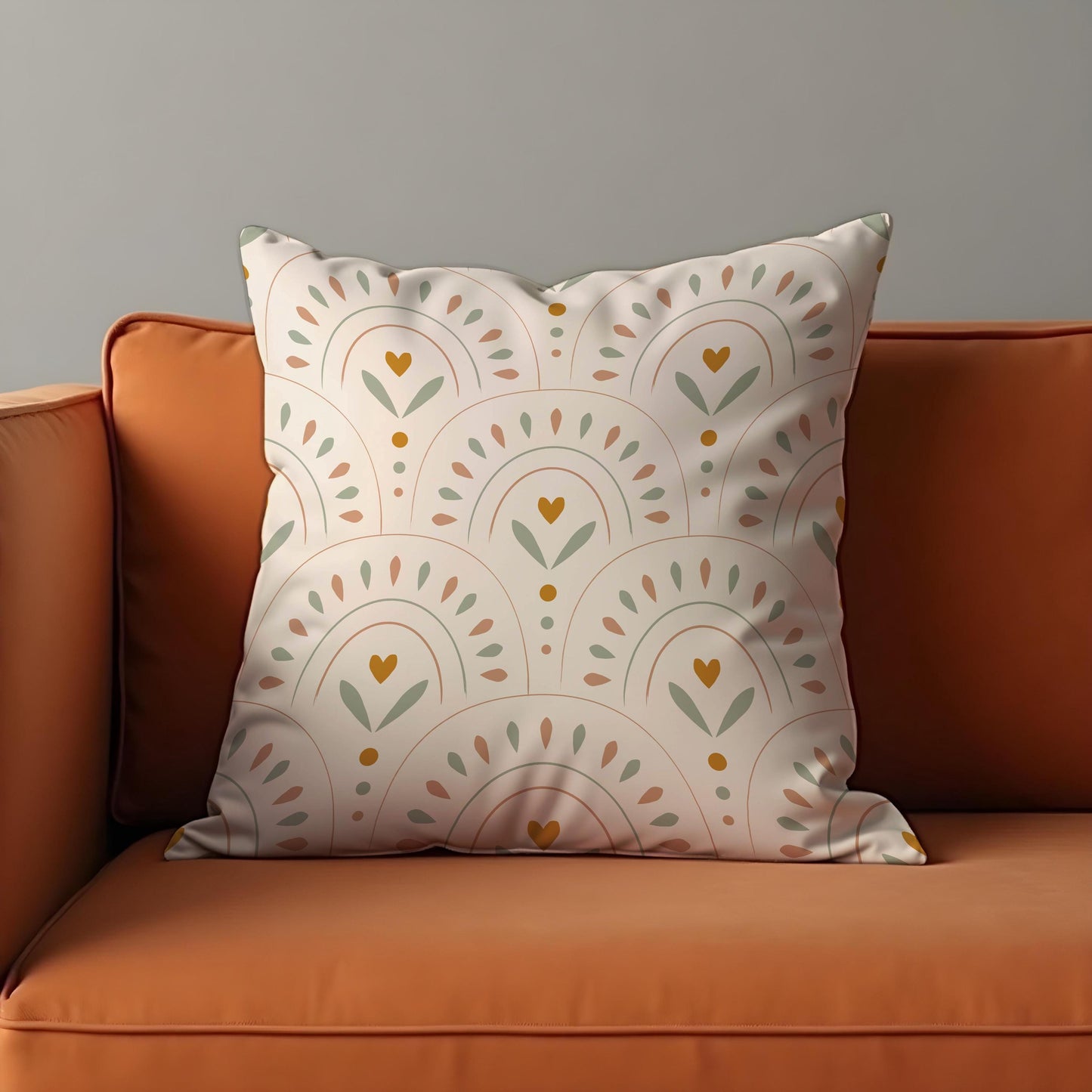 Boho Rainbow Cushion Cover, Arches with Heart & Leaf Motif Pillow Case