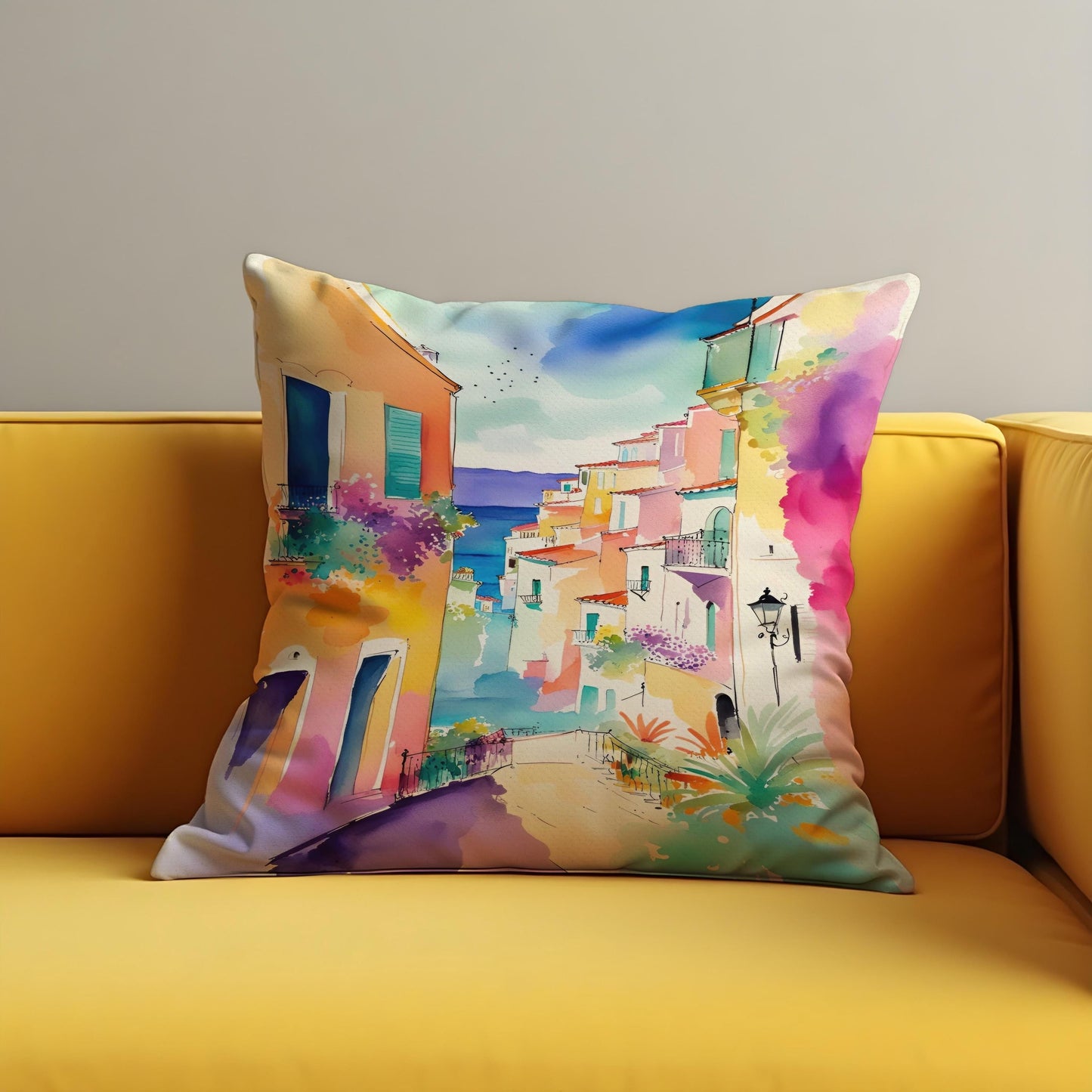 Coastal Town Cushion Cover, Mediterranean Street View Pillow Case