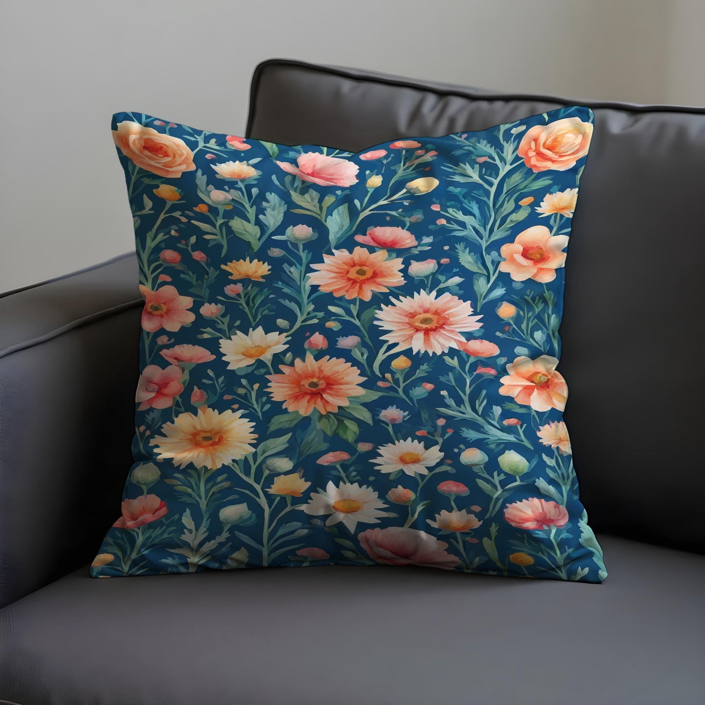 Wildflower Meadow Cushion Cover, Yellow & Coral Floral Pillow Case