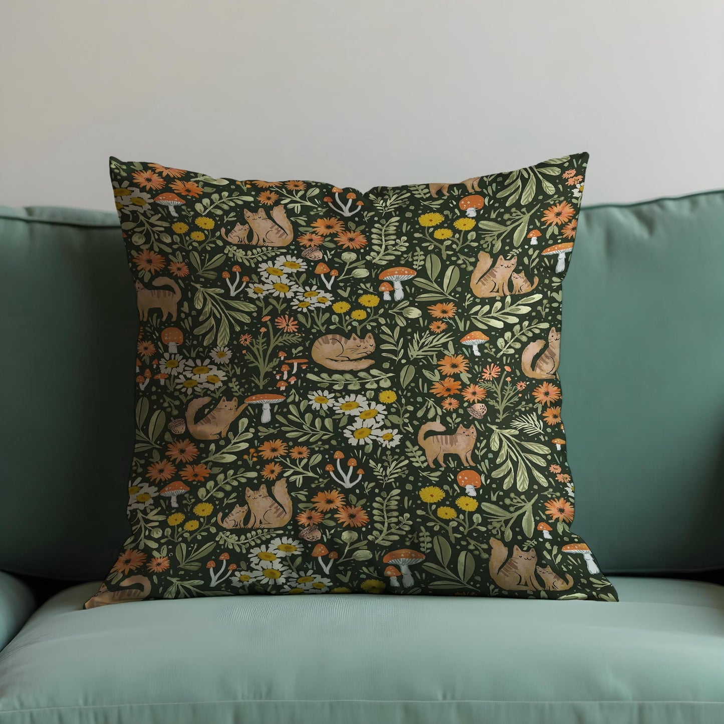 Whimsical Forest Cat Cushion Cover, Woodland Animals Pillow Case