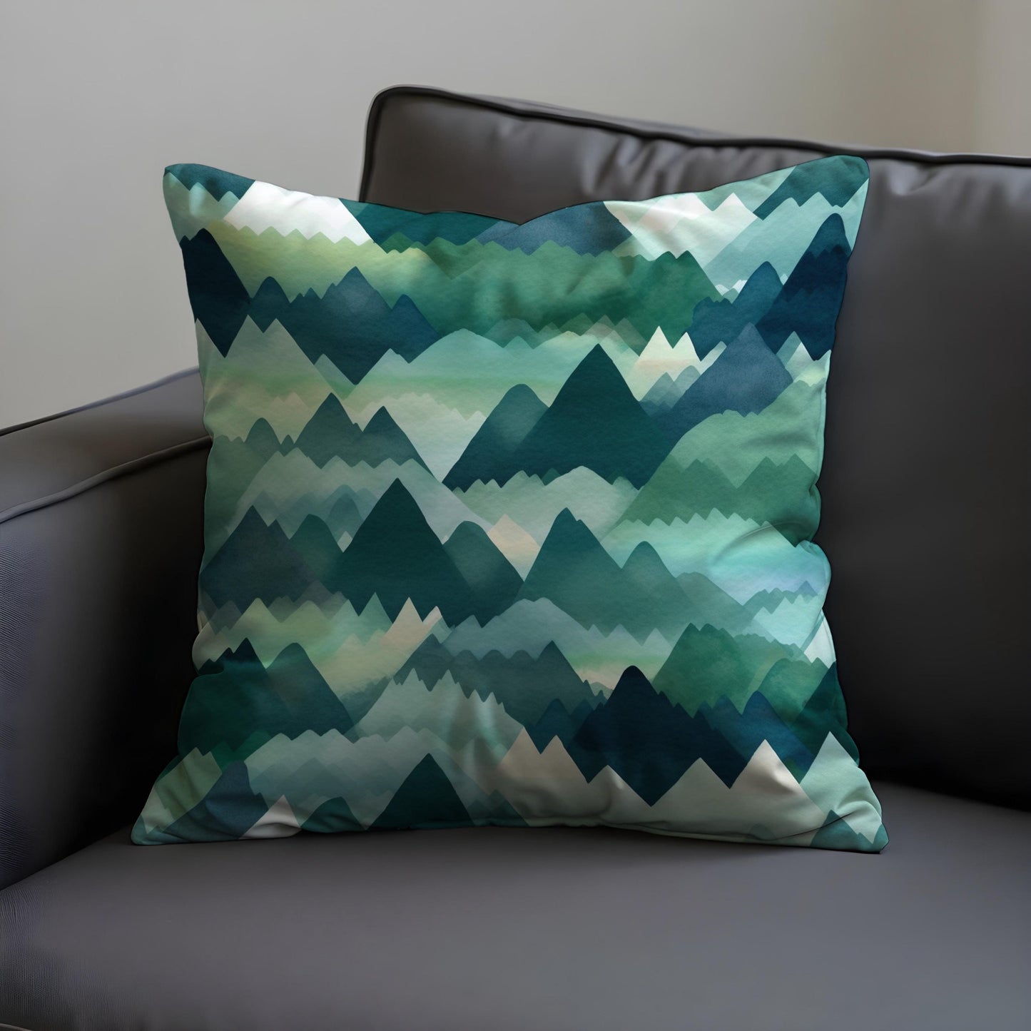 Mountain Range Pillow Cover, Green & Teal Watercolor Landscape Cushion Case