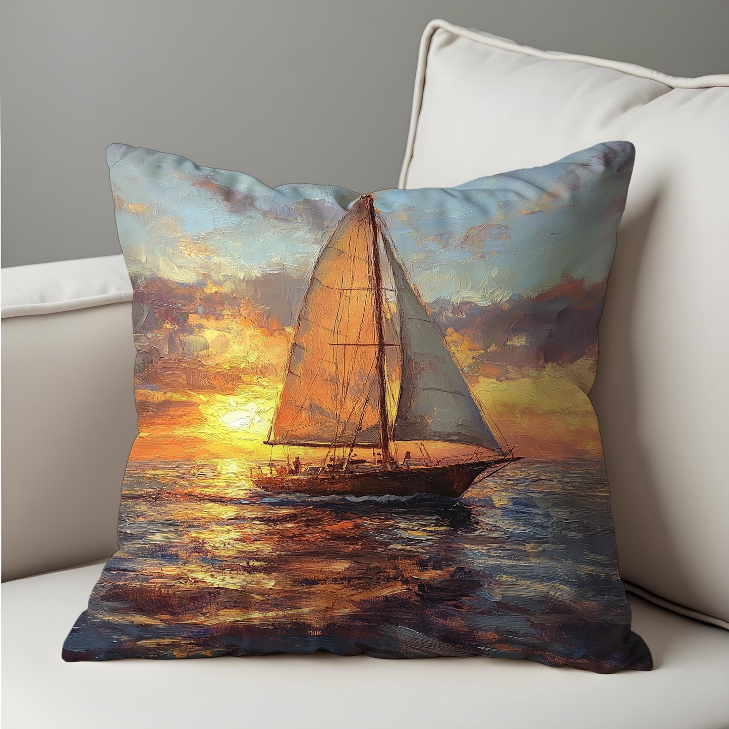 Sunset Sailing Cushion Cover, Romantic Ocean Throw Pillow Cover