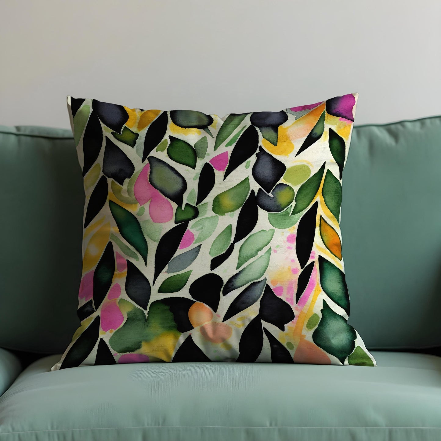 Watercolor Leaf Cushion Cover, Vibarant Colors Botanical Pillow Case