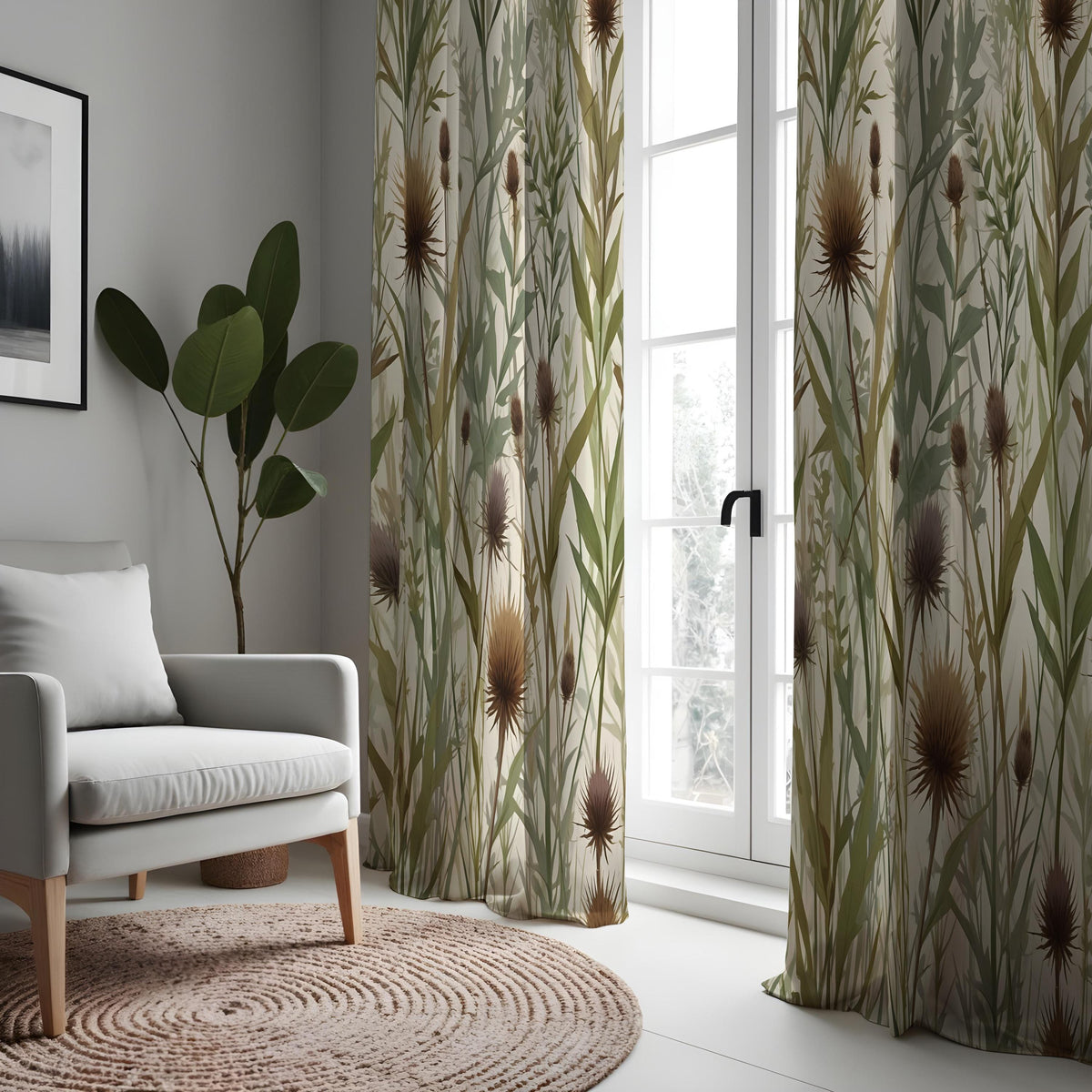 Earthy Thistle Curtains, Neutral Leaf Pattern Drapes