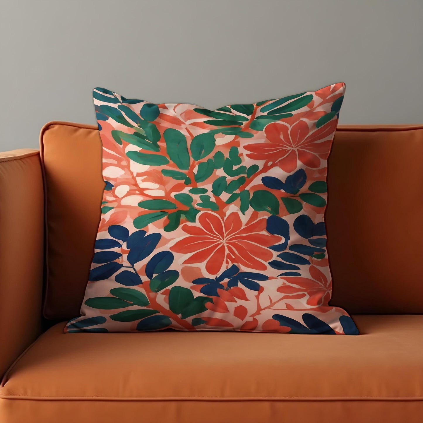 Tropical Floral Cushion Cover, Coral and Green Botanical Pillowcase