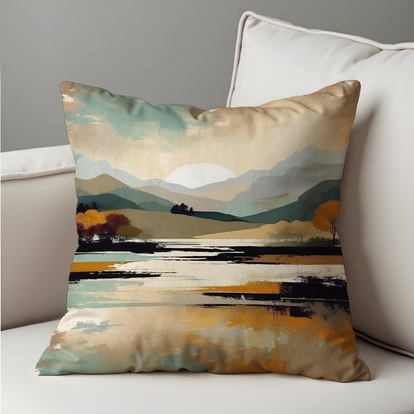 Serene Mountain Landscape Cushion Cover, Trees & Sunset Pillow Case