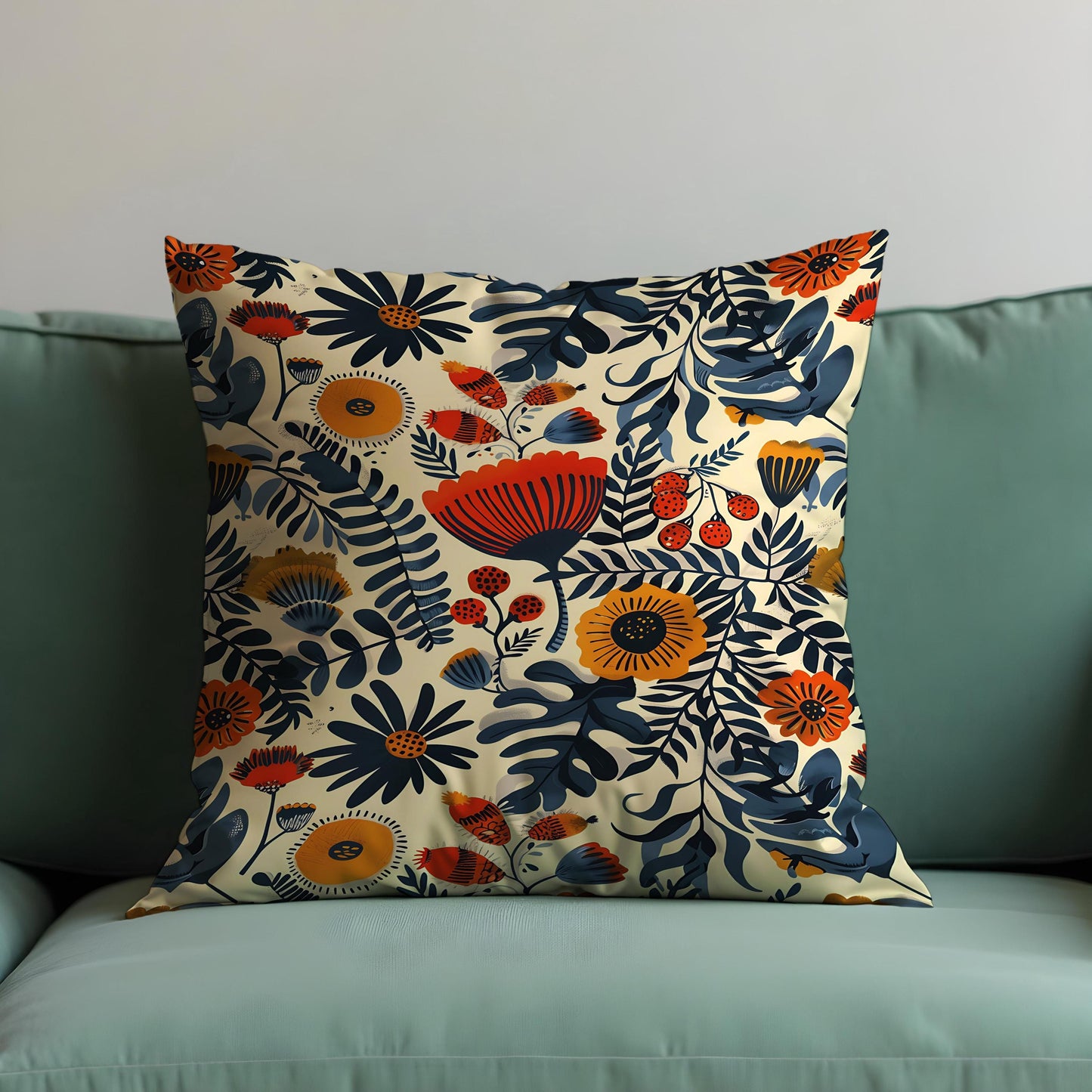 Folk Art Floral Cushion Cover, Bold Botanical Print Pillow Case