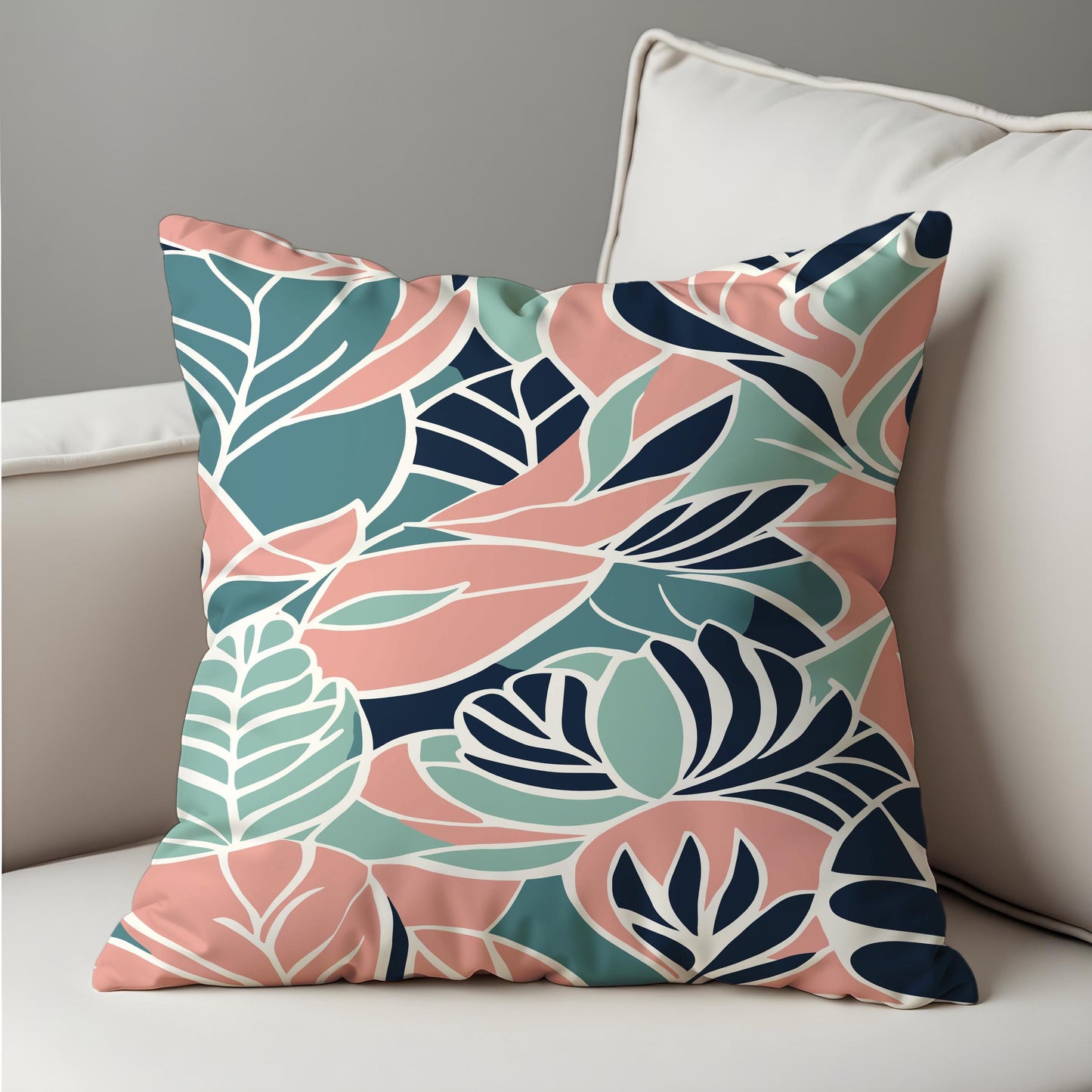 Tropical Leaf Cushion Cover, Bold Coral & Mint Botanical Pillowcase