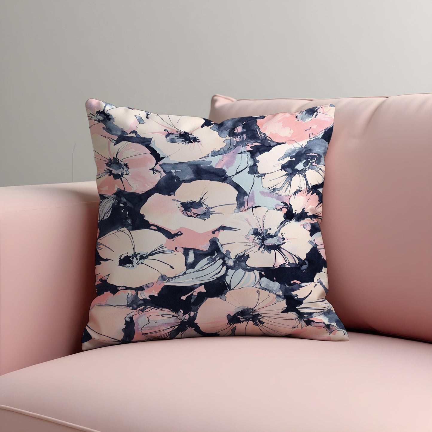 Watercolor Floral Cushion Cover, Blush & Navy Flower Print Pillowcase