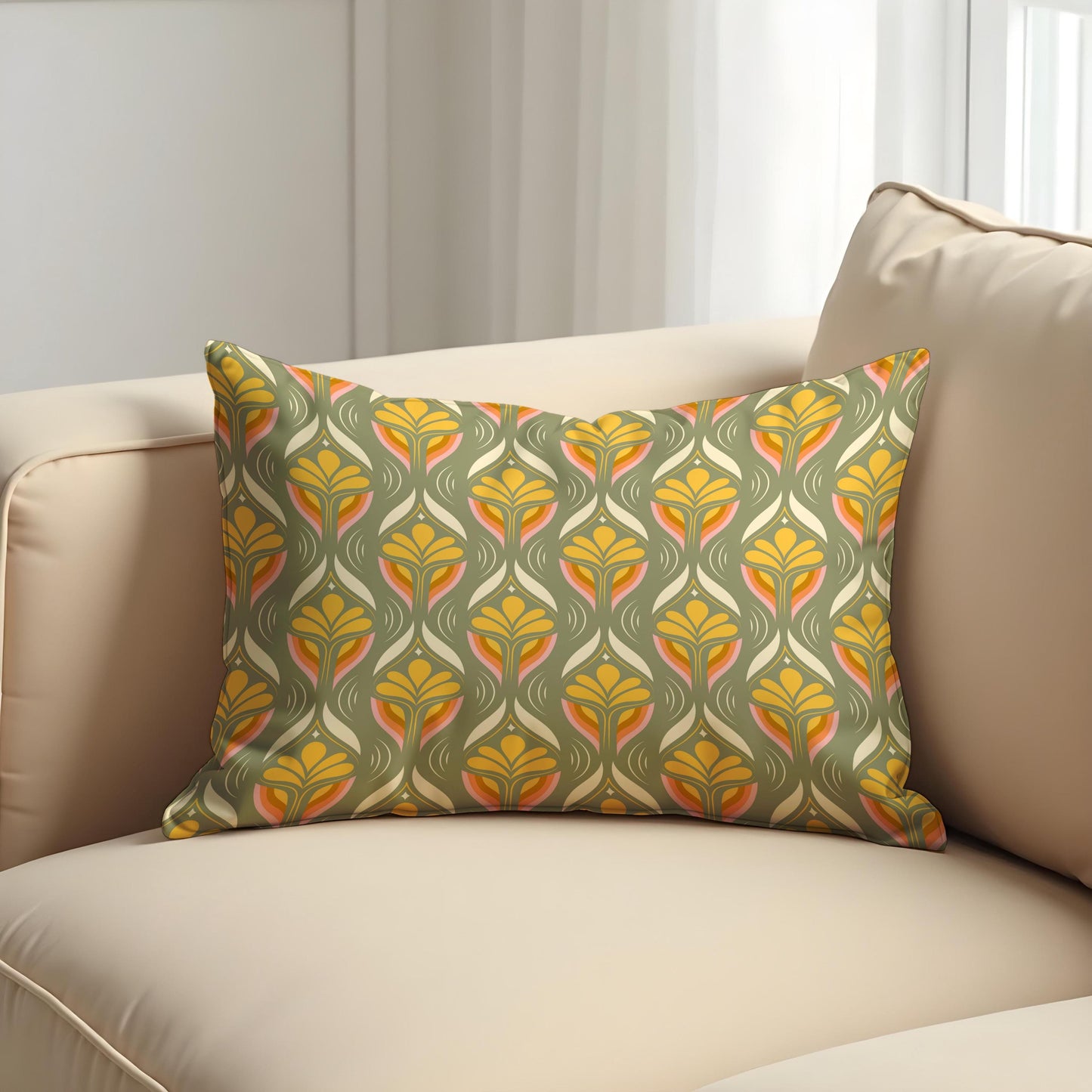 Retro Floral Cushion Cover, Olive & Mustard Art Nouveau Pillow Cover
