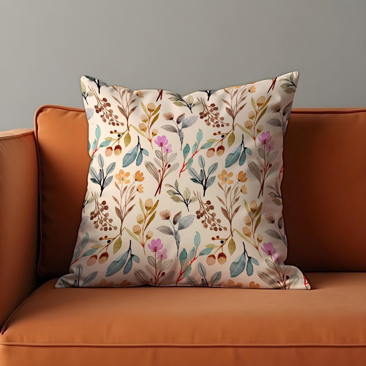 Watercolor Botanical Throw Cushion Cover, Soft Beige Pillow Case