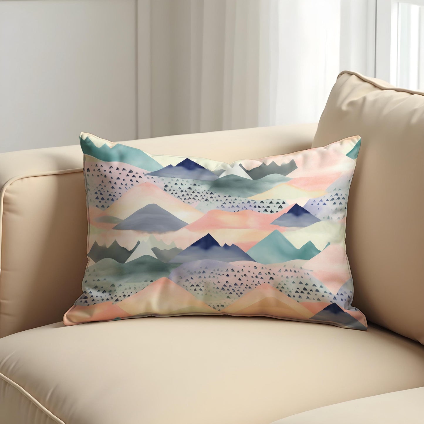 Pastel Mountain Pillow Cover, Soft Watercolor Landscape Cushion Case