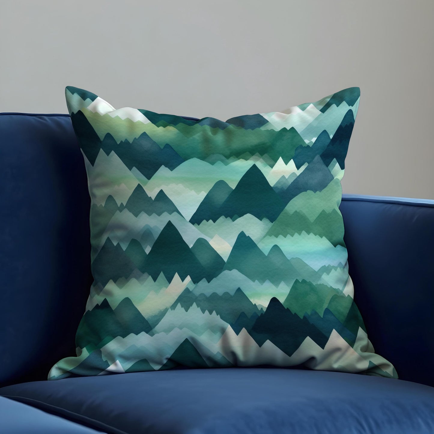 Mountain Range Pillow Cover, Green & Teal Watercolor Landscape Cushion Case