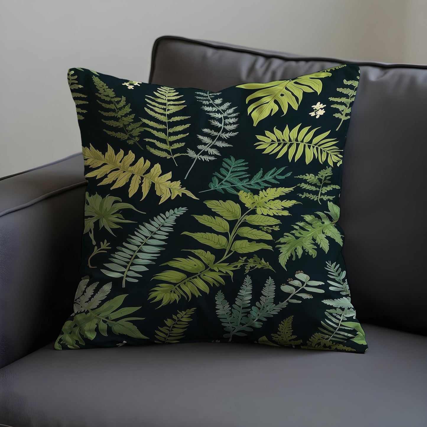 Tropical Fern Cushion Cover, Dark Jungle Leaf Throw Pillow Cover