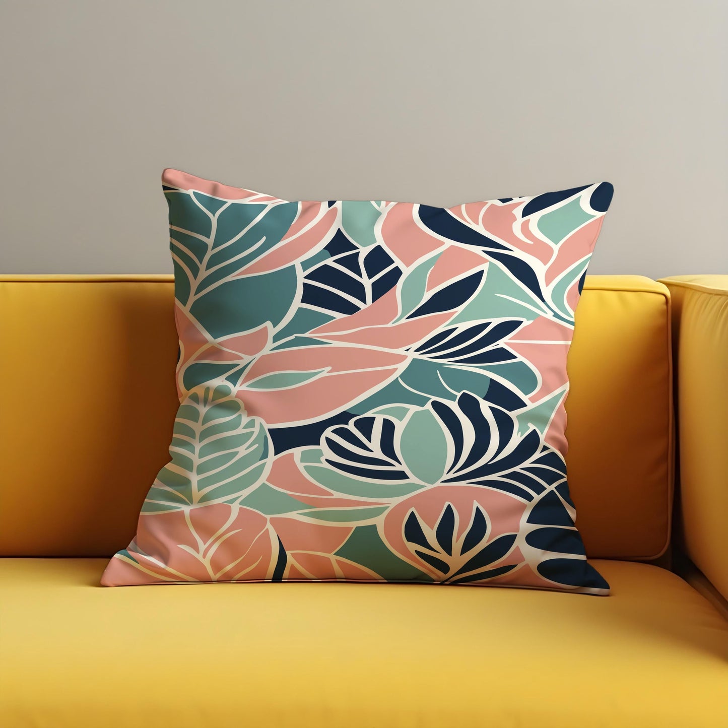 Tropical Leaf Cushion Cover, Bold Coral & Mint Botanical Pillowcase