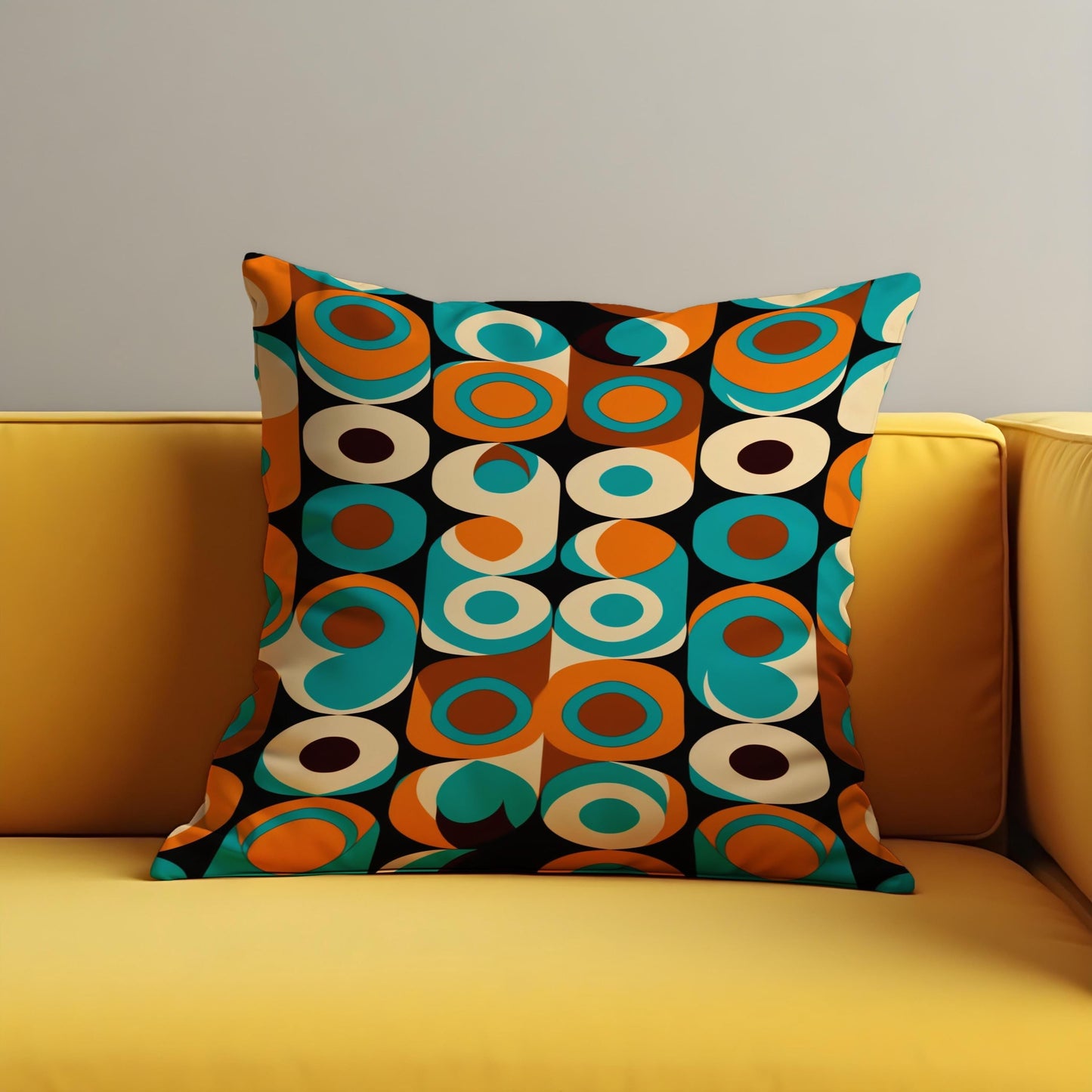 Retro Circle Pattern Cushion Cover, 70s Style Teal Throw Pillow Case