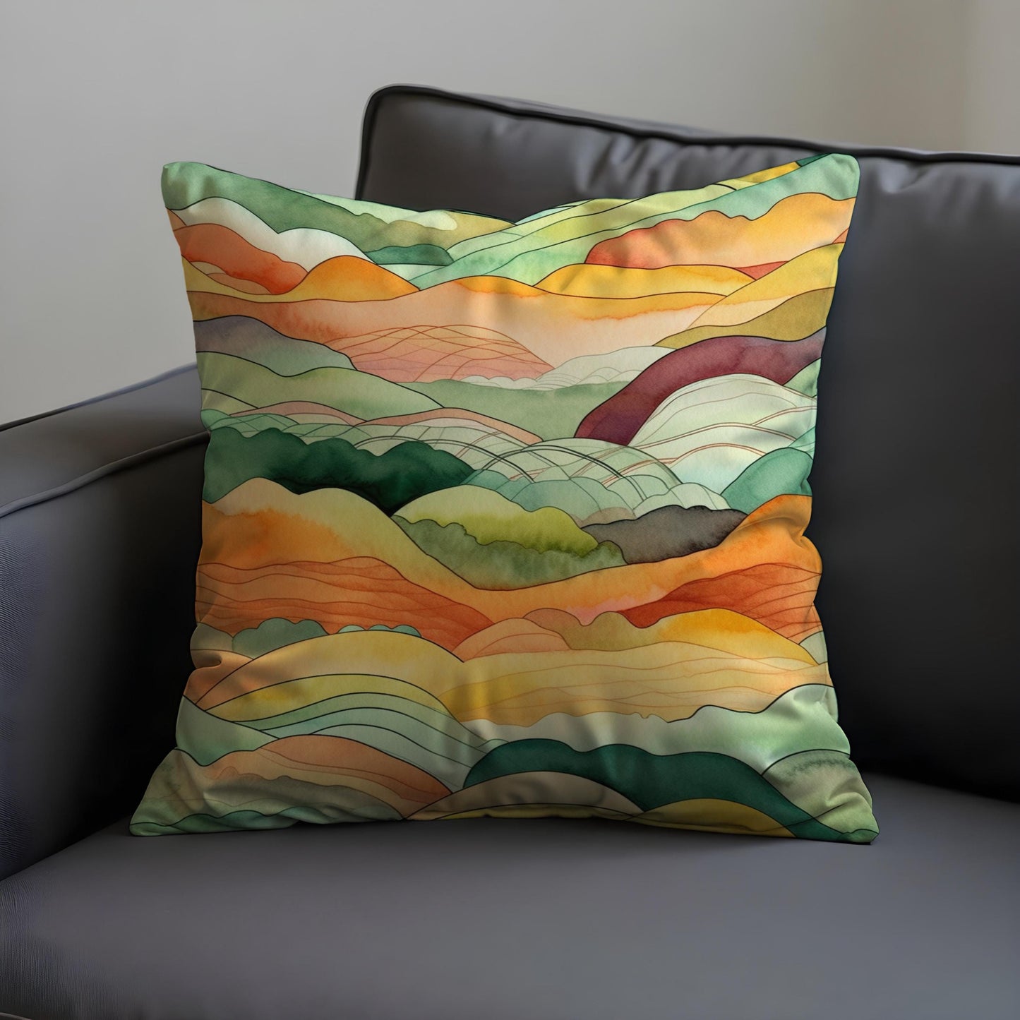 Watercolor Hills Cushion Cover, Autumn Landscape Pillow Case