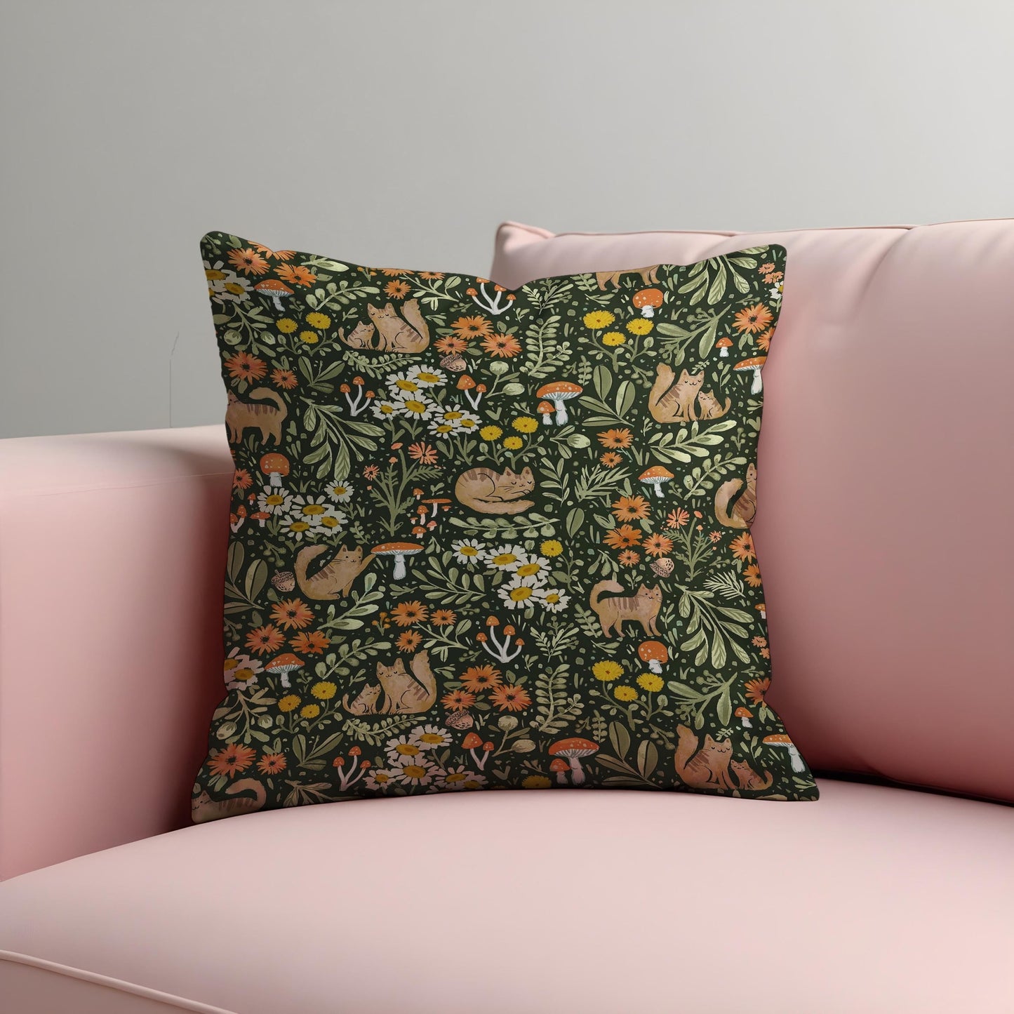 Whimsical Forest Cat Cushion Cover, Woodland Animals Pillow Case