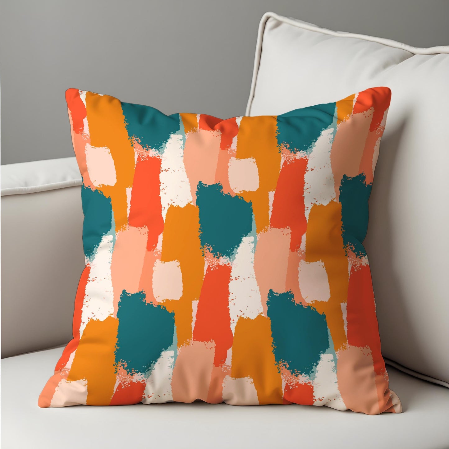 Abstract Brushstroke Cushion Cover, Bold Teal, Orange & Coral Pillow Case