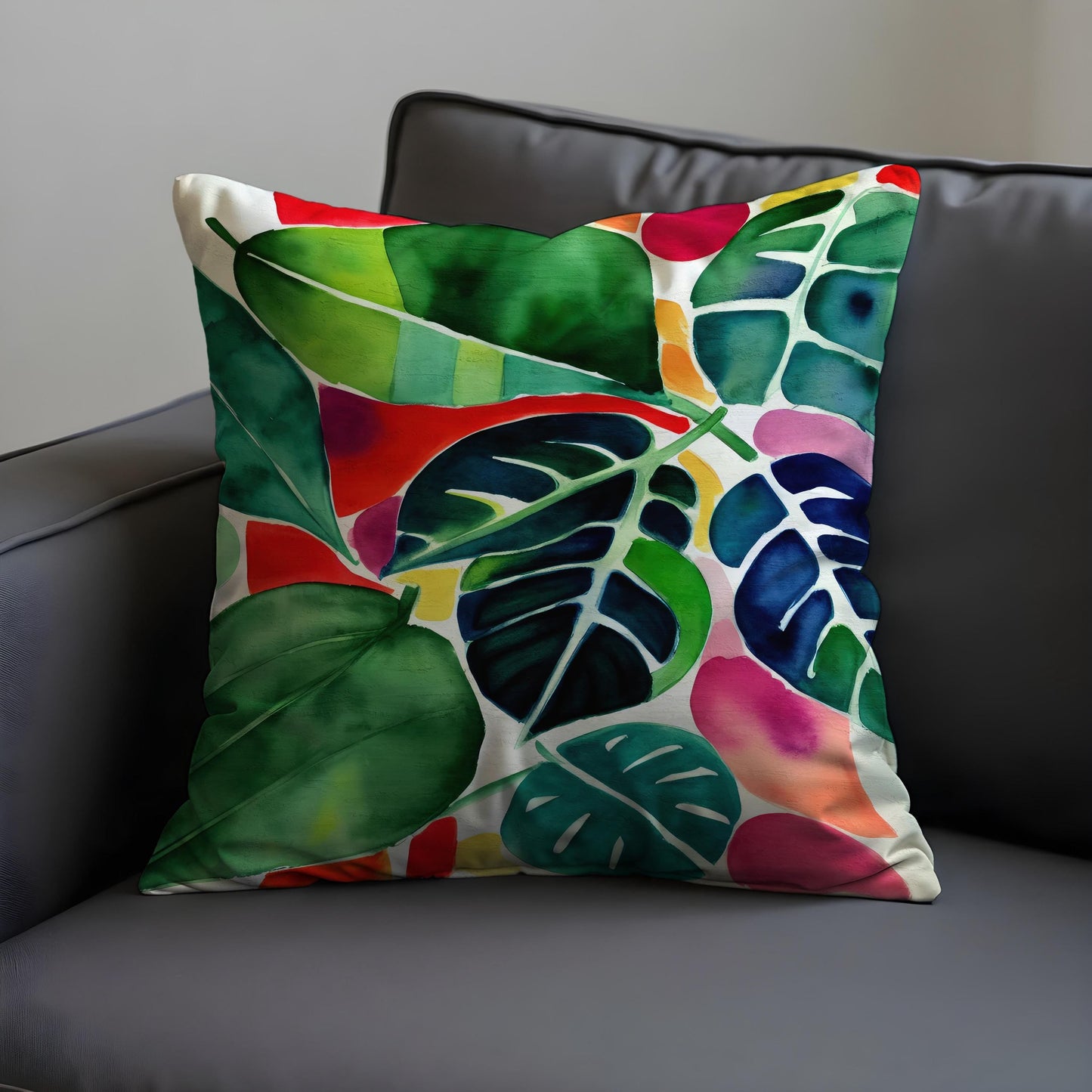 Tropical Watercolor Leaf Cushion Cover, Colorful Jungle Botanical Pillowcase