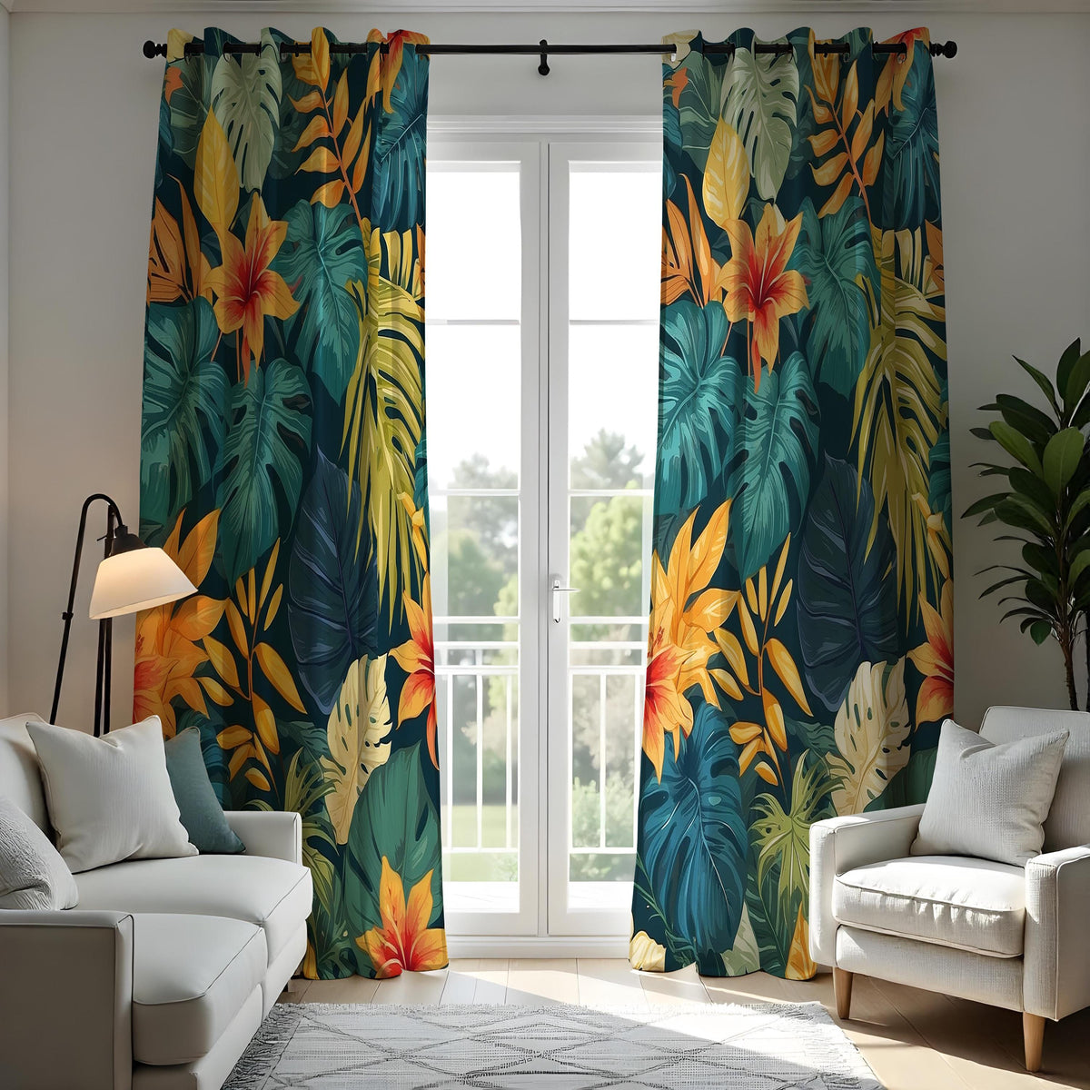 Dark Jungle Monstera Palm Curtains, Tropical Leaf Drapes
