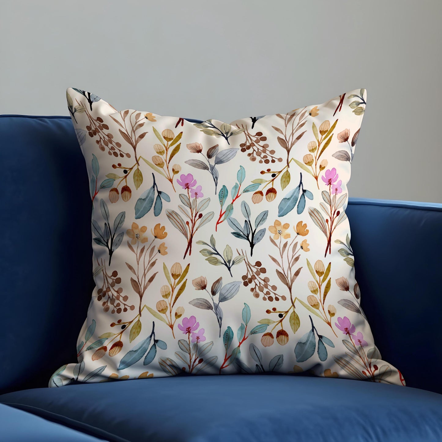 Watercolor Botanical Throw Cushion Cover, Soft Beige Pillow Case