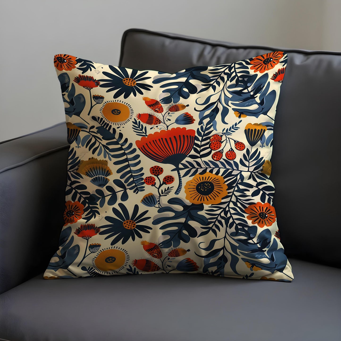 Folk Art Floral Cushion Cover, Bold Botanical Print Pillow Case