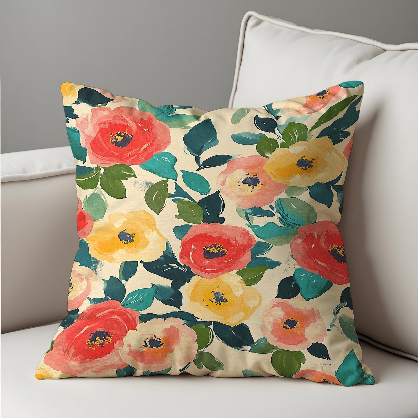 Floral Cushion Cover, Red and Yellow Poppy Flowers Pillow Case