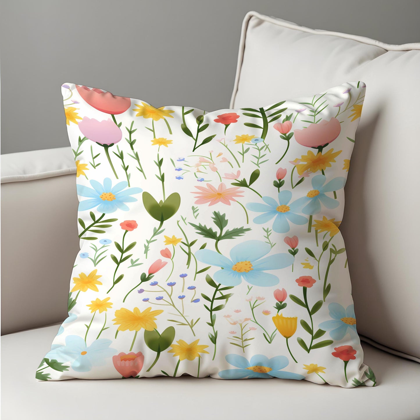 Pastel Wildflower Cushion Cover, Spring Meadow Floral Throw Pillow Cover