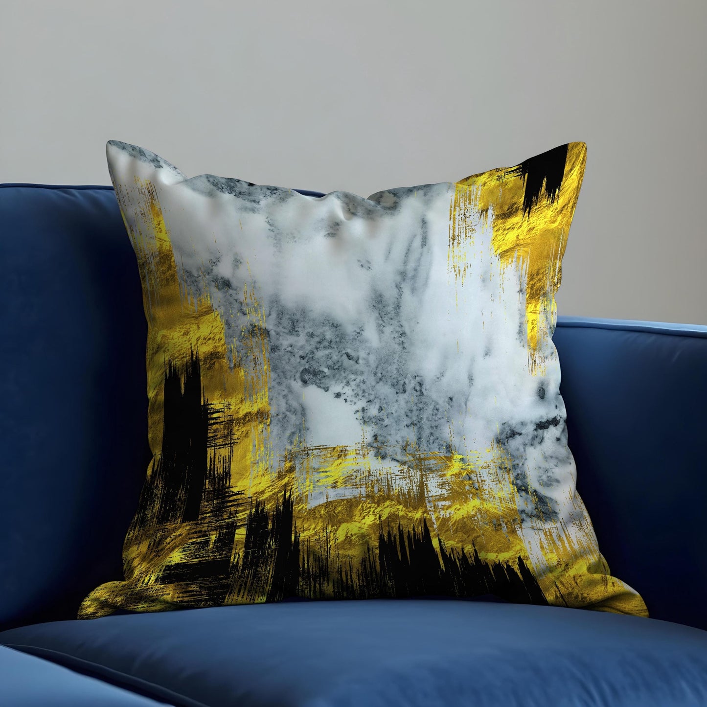 Abstract Cushion Cover, Mustard & Marble Brushstrokes Pillow Case