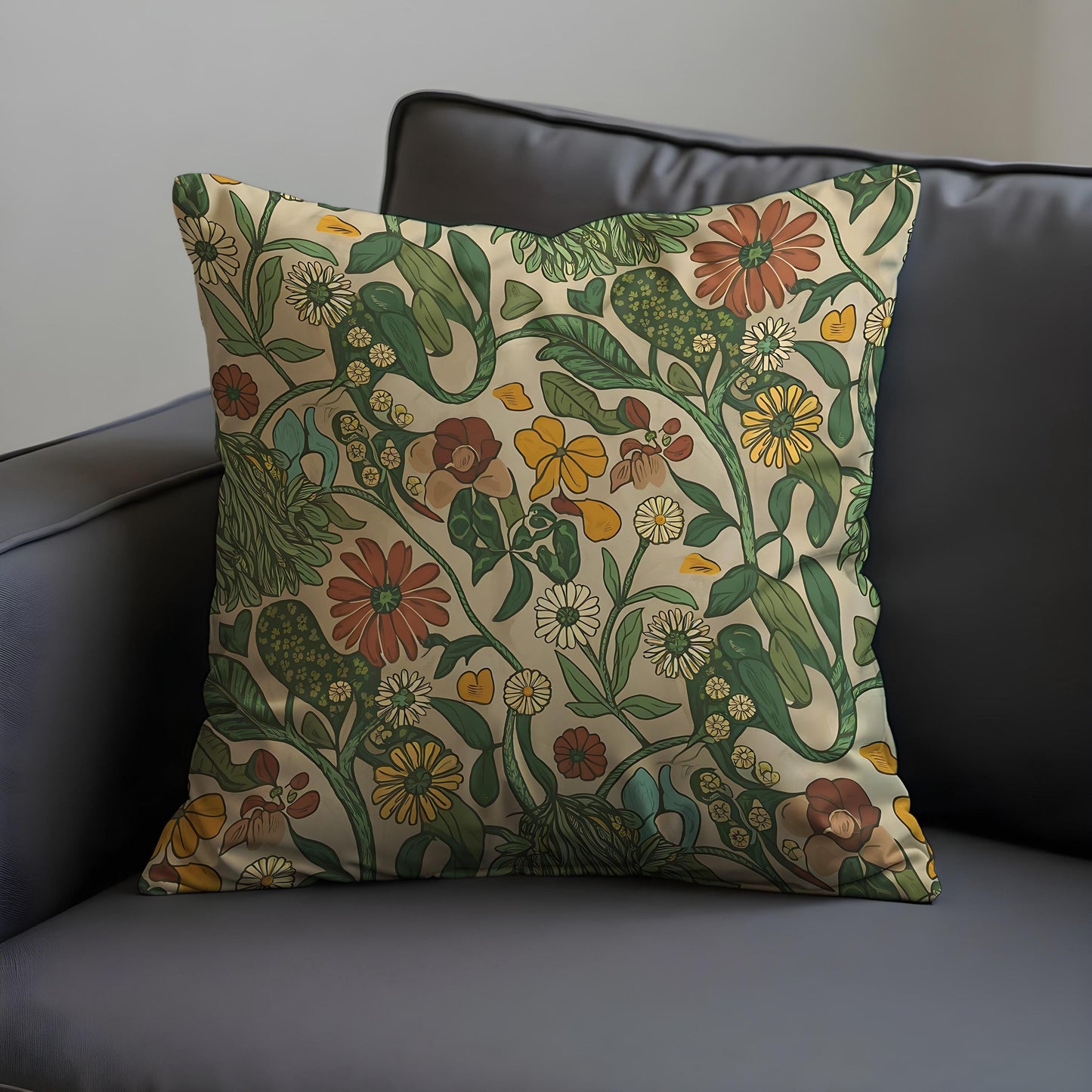 Classic Botanical Pillow Cover, Earthy Floral Print Cushion Cover