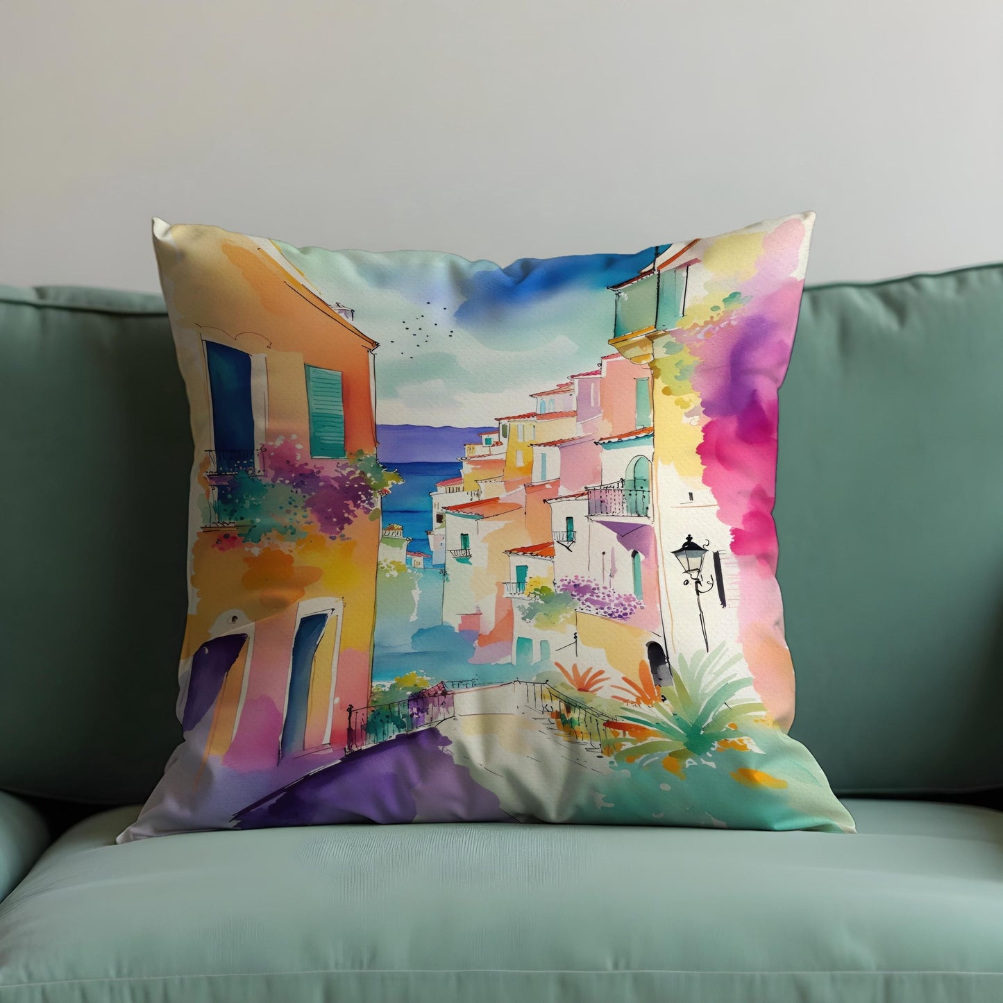 Coastal Town Cushion Cover, Mediterranean Street View Pillow Case