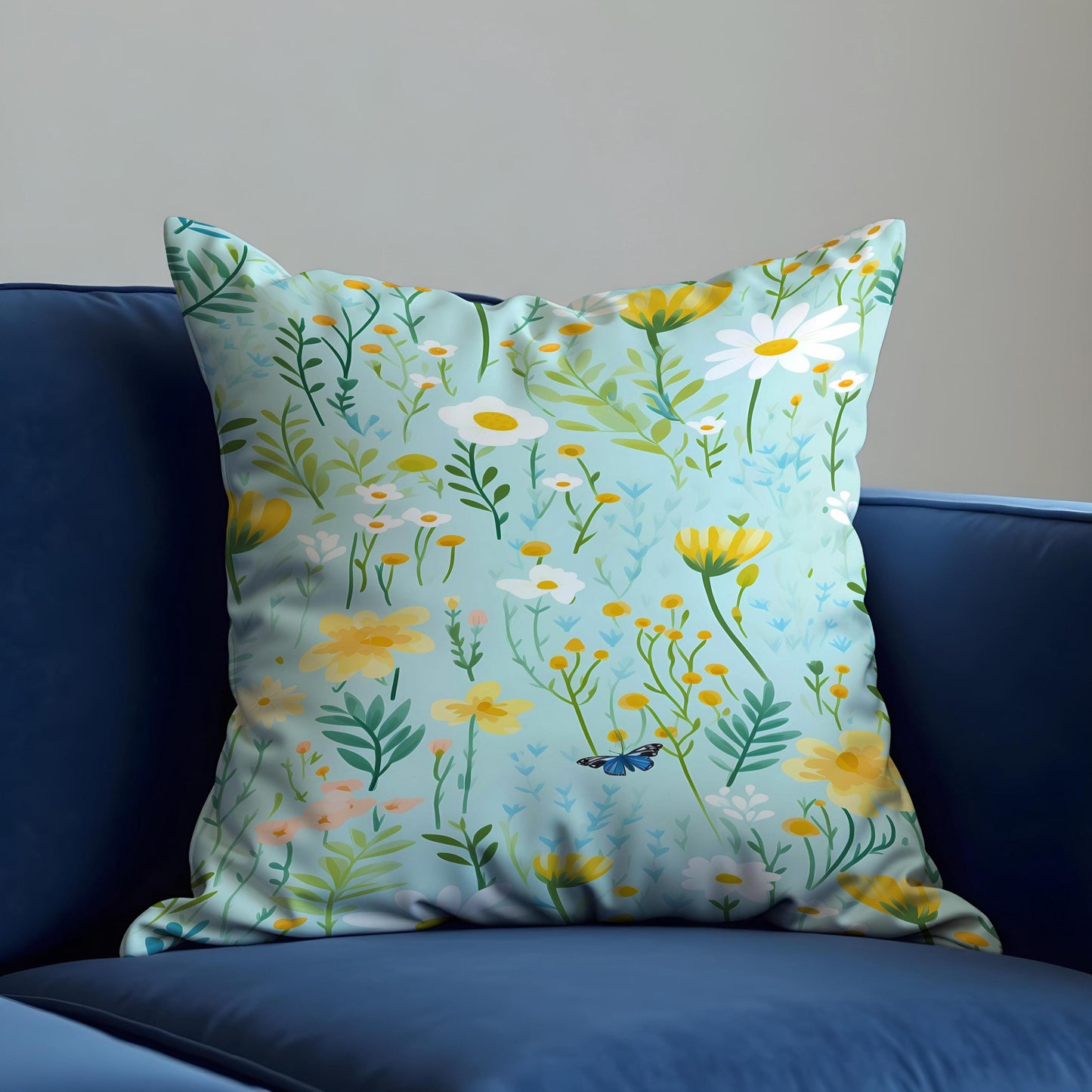 Floral Meadow Cushion Cover, Light Blue Throw Pillow Case